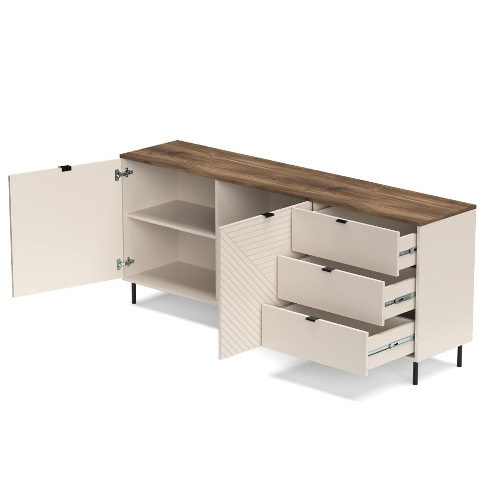 Colectia EVO - Comoda EVO, 2 usi, 3 sertare, casmir + stejar castello, 183,4x40x75,2 cm