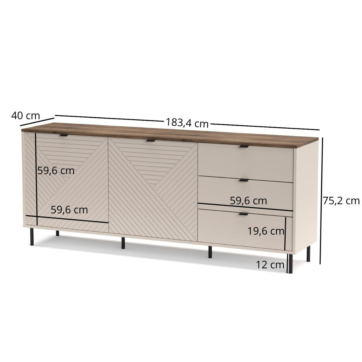 Colectia EVO - Comoda EVO, 2 usi, 3 sertare, casmir + stejar castello, 183,4x40x75,2 cm