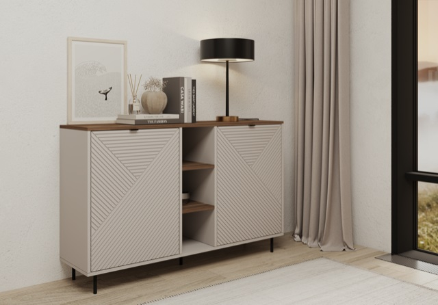 Colectia EVO - Comoda EVO, 2 usi, rafturi, casmir + stejar castello, 153,4x40x95,4 cm