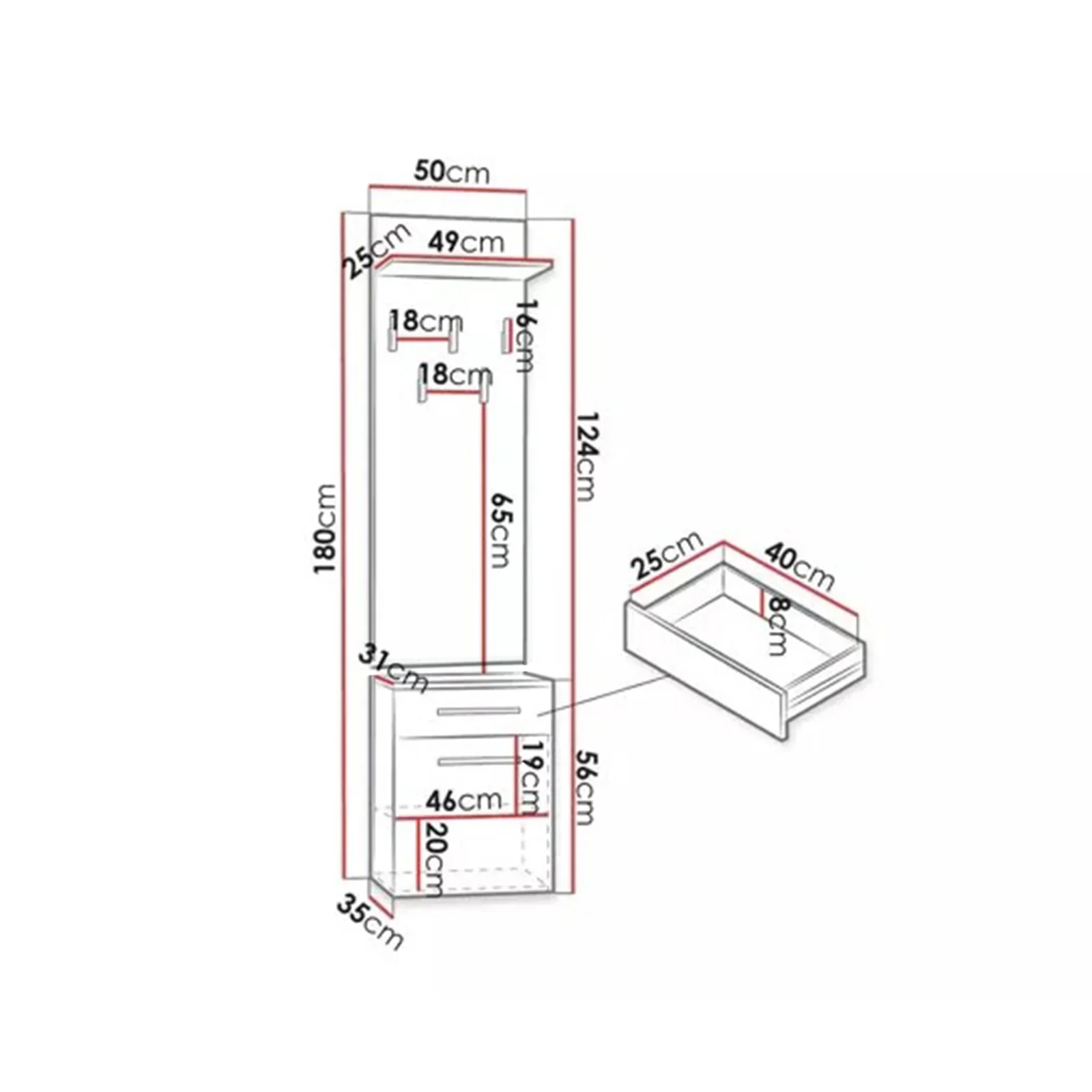 Holuri - Cuier BANGOR, cu lada si sertar, 50x35x181 cm + Pantofar LORCA, 3 rafturi, 100x38x46 cm, alb