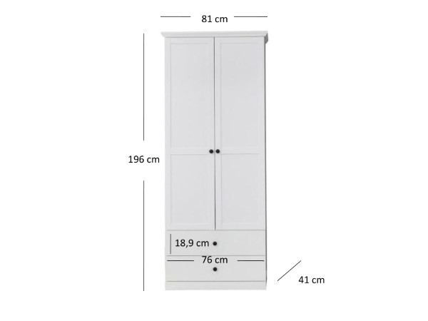 Mobila Alba - Dulap BRANDSON, 2 usi, 2 sertare, alb, 81x41x196 cm