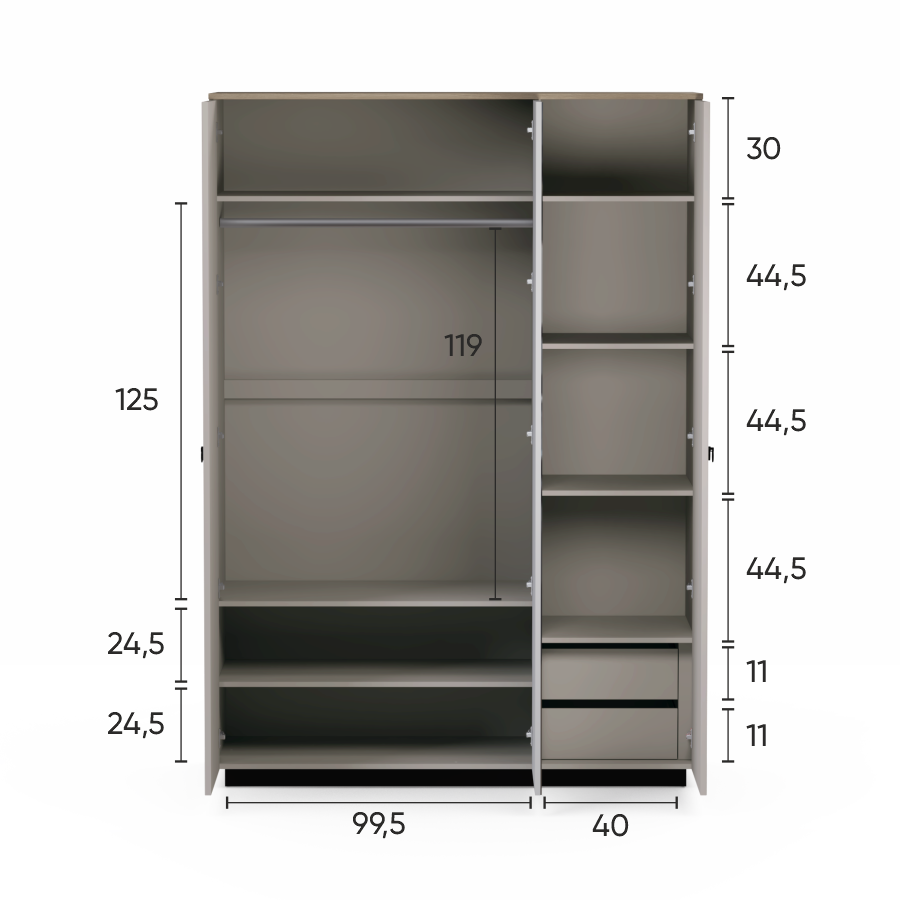 Colectia DOMINICA - Dulap DOMINICA, 3 usi, cu oglinda, taupe + stejar silverjack, 153x60x218 cm
