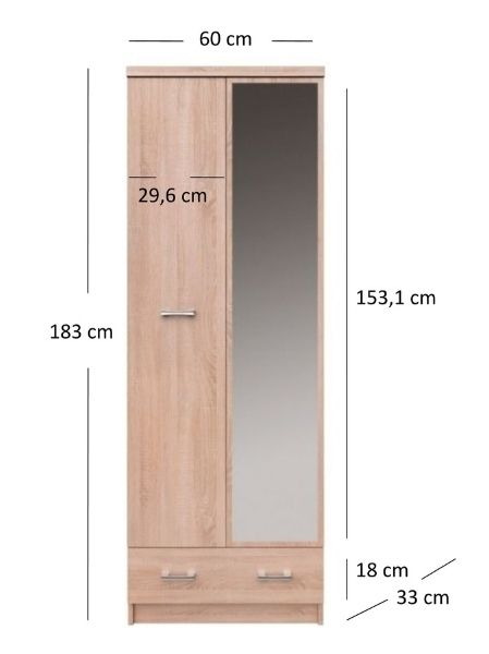 Dulapuri - Dulap TOP MIX, 2 usi, 1 sertar, oglinda, stejar sonoma, 60x33x183 cm