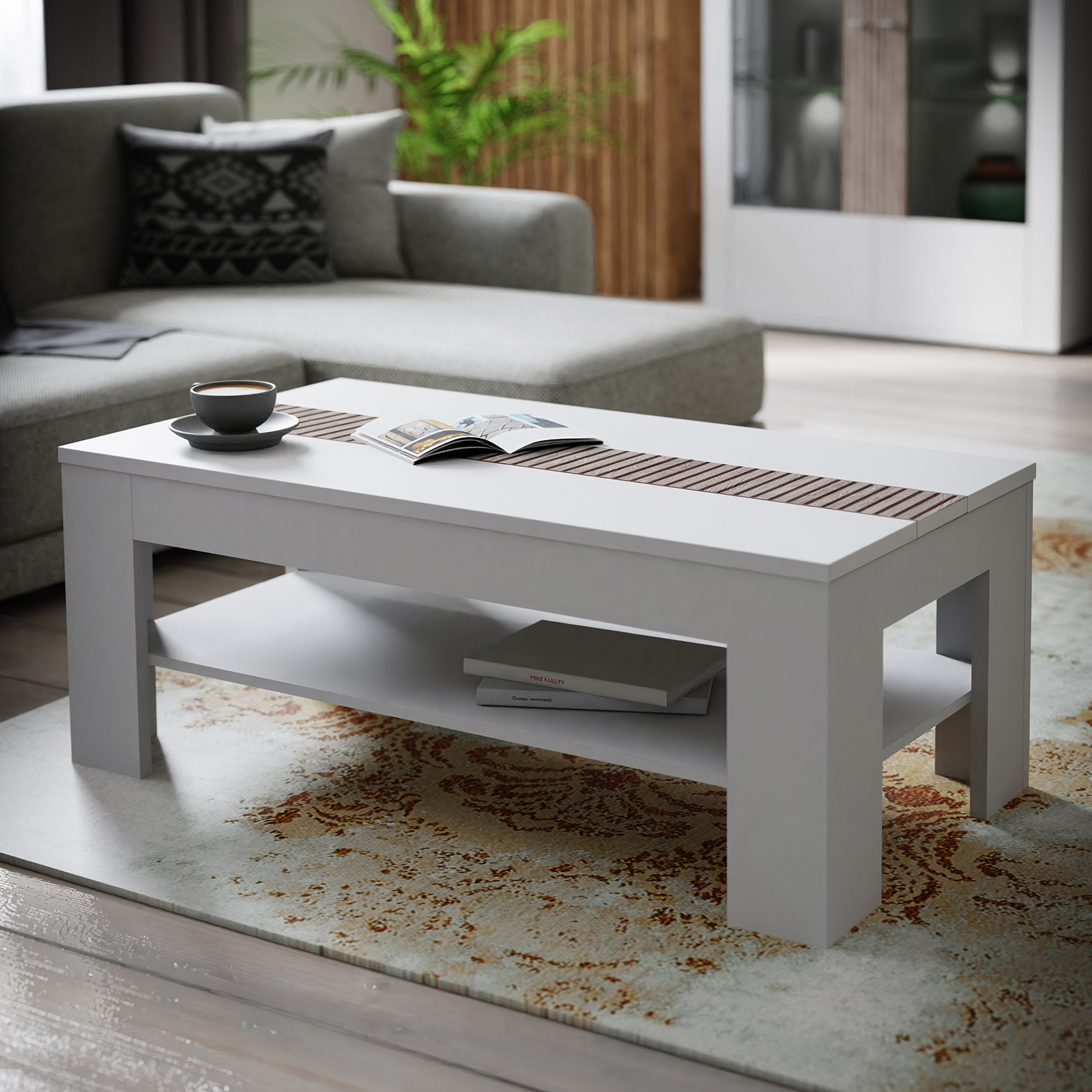 Masute Cafea - Masuta living AMBRA, alb + stejar Rovere, 110x60x46 cm