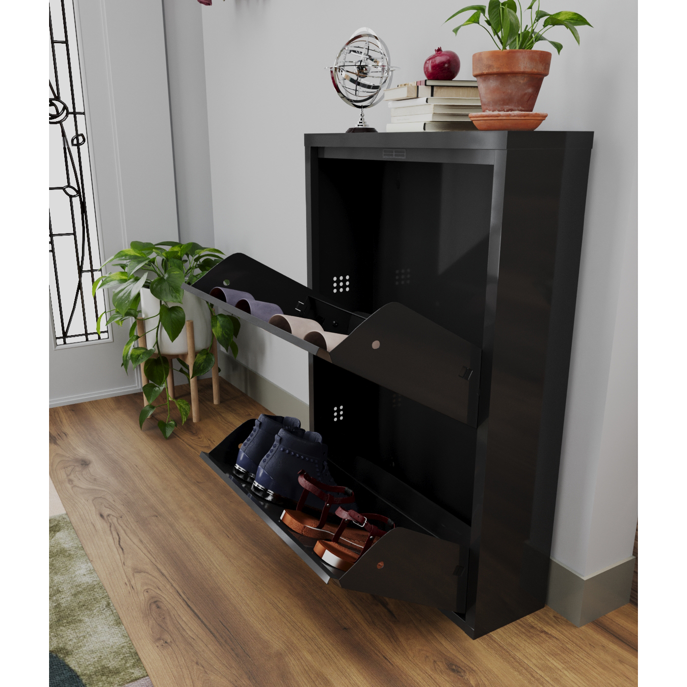 Depozitare - Pantofar DOUBLE, cu 2 rafturi, negru, 50x15x71 cm