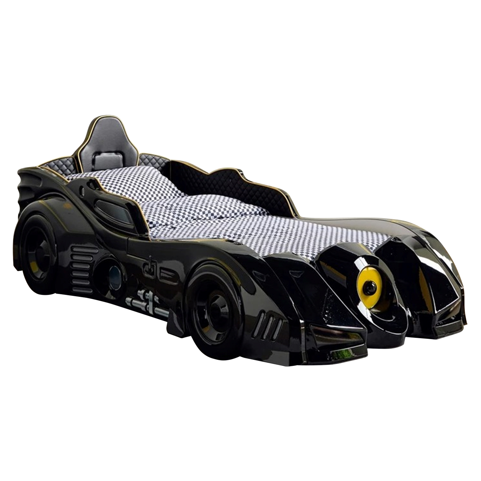 Paturi Copii Masini - Pat pentru copii masina BATMAN, cu leduri, sunet, telecomanda, negru, 90x190 cm + Noptiera SPORT, 45x57x34 cm
