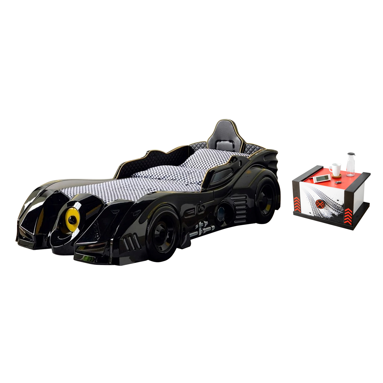 Paturi Copii Masini - Pat pentru copii masina BATMAN, cu leduri, sunet, telecomanda, negru, 90x190 cm + Noptiera SPORT, 45x57x34 cm