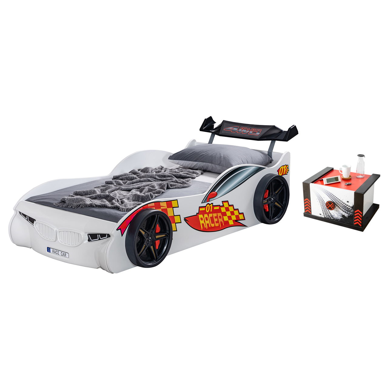 Paturi Copii Masini - Pat pentru copii masina ECO RACE, alb, 90x190 cm + Noptiera SPORT, 45x57x34 cm