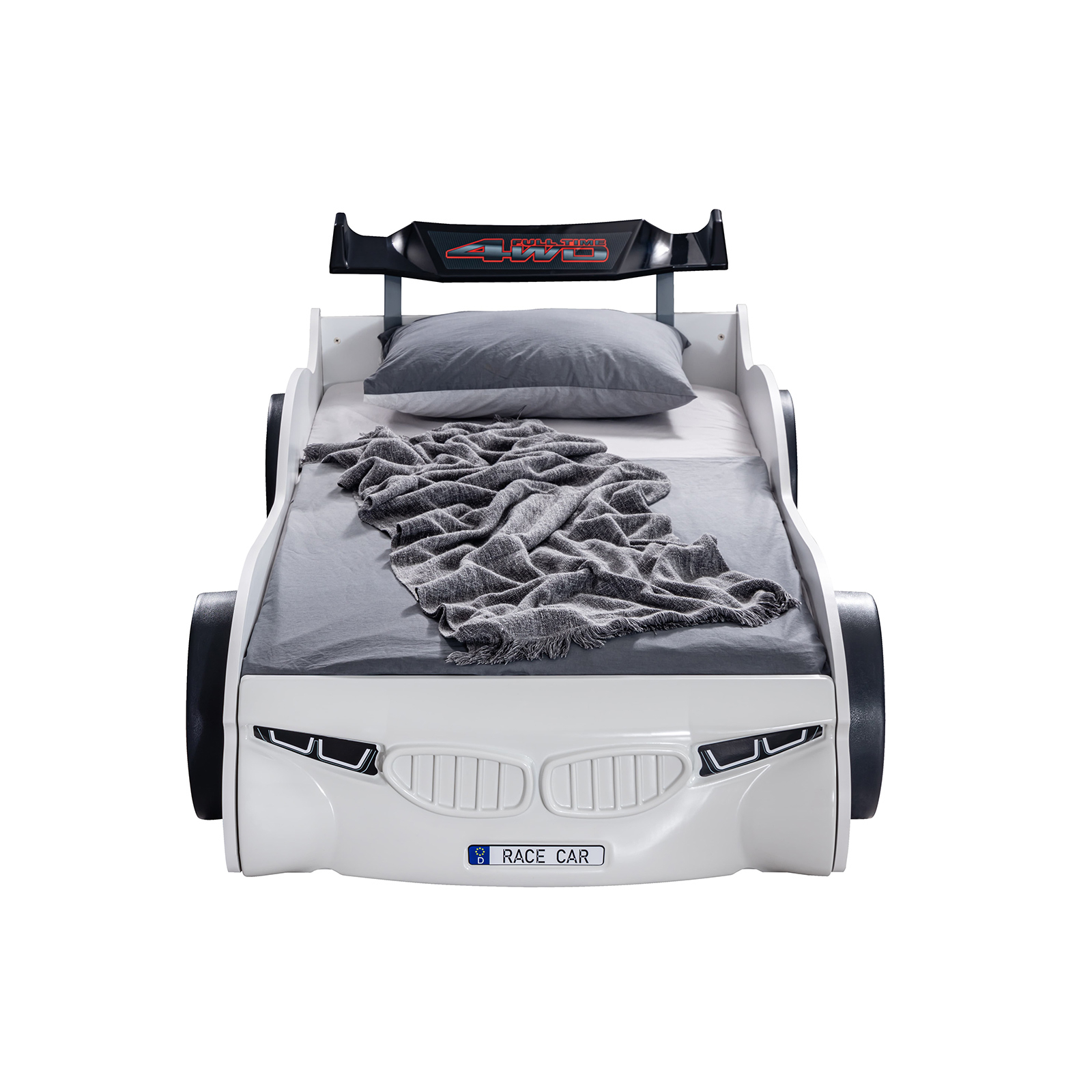 Paturi Copii Masini - Pat pentru copii masina ECO RACE, alb, 90x190 cm + Noptiera SPORT, 45x57x34 cm