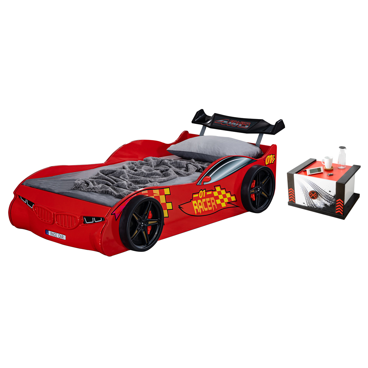 Paturi Copii Masini - Pat pentru copii masina ECO RACE, rosu, 90x190 cm + Noptiera SPORT, 45x57x34 cm