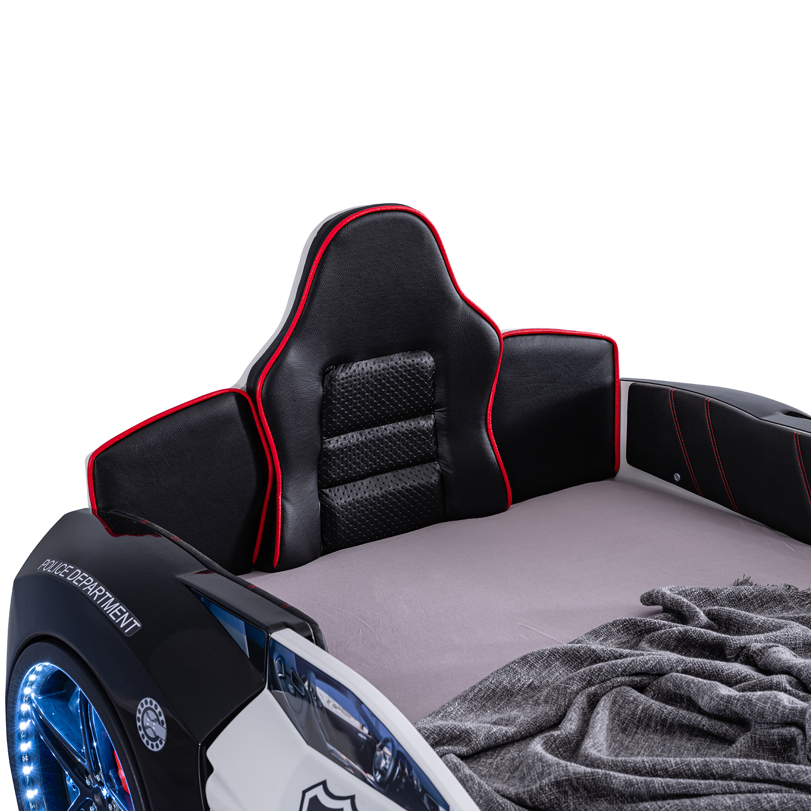 Paturi Copii Masini - Pat pentru copii masina POLICE, cu sunet, telecomanda si lumini led, negru, 90x190 cm + Noptiera SPORT, 45x57x34 cm