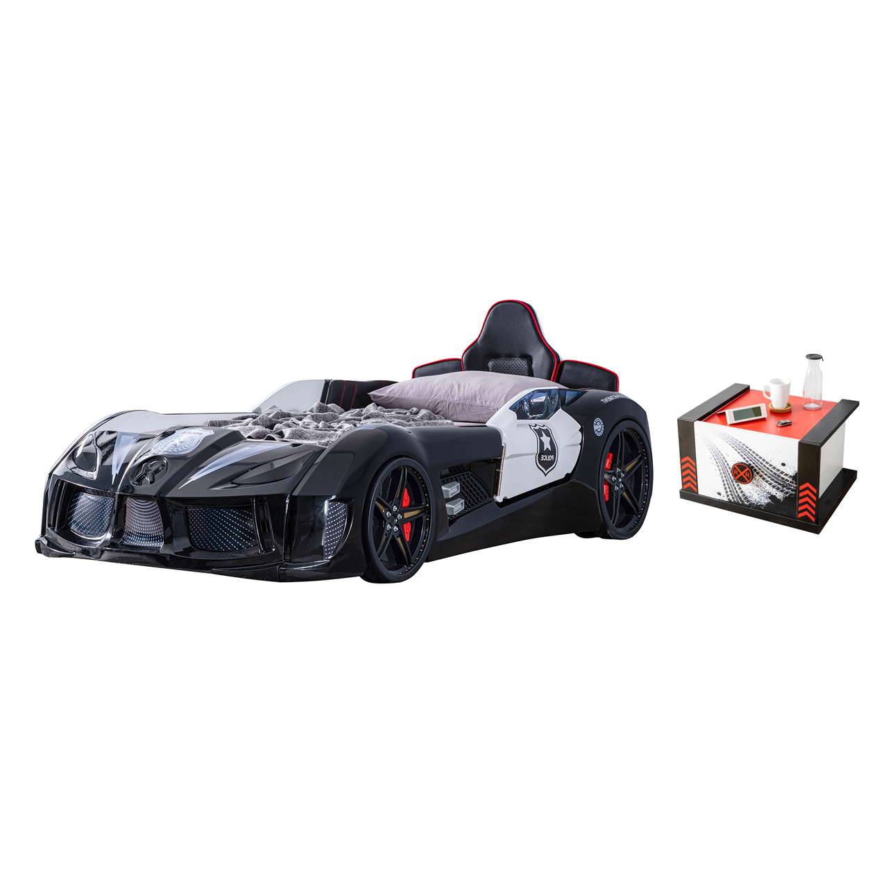 Paturi Copii Masini - Pat pentru copii masina POLICE, cu sunet, telecomanda si lumini led, negru, 90x190 cm + Noptiera SPORT, 45x57x34 cm