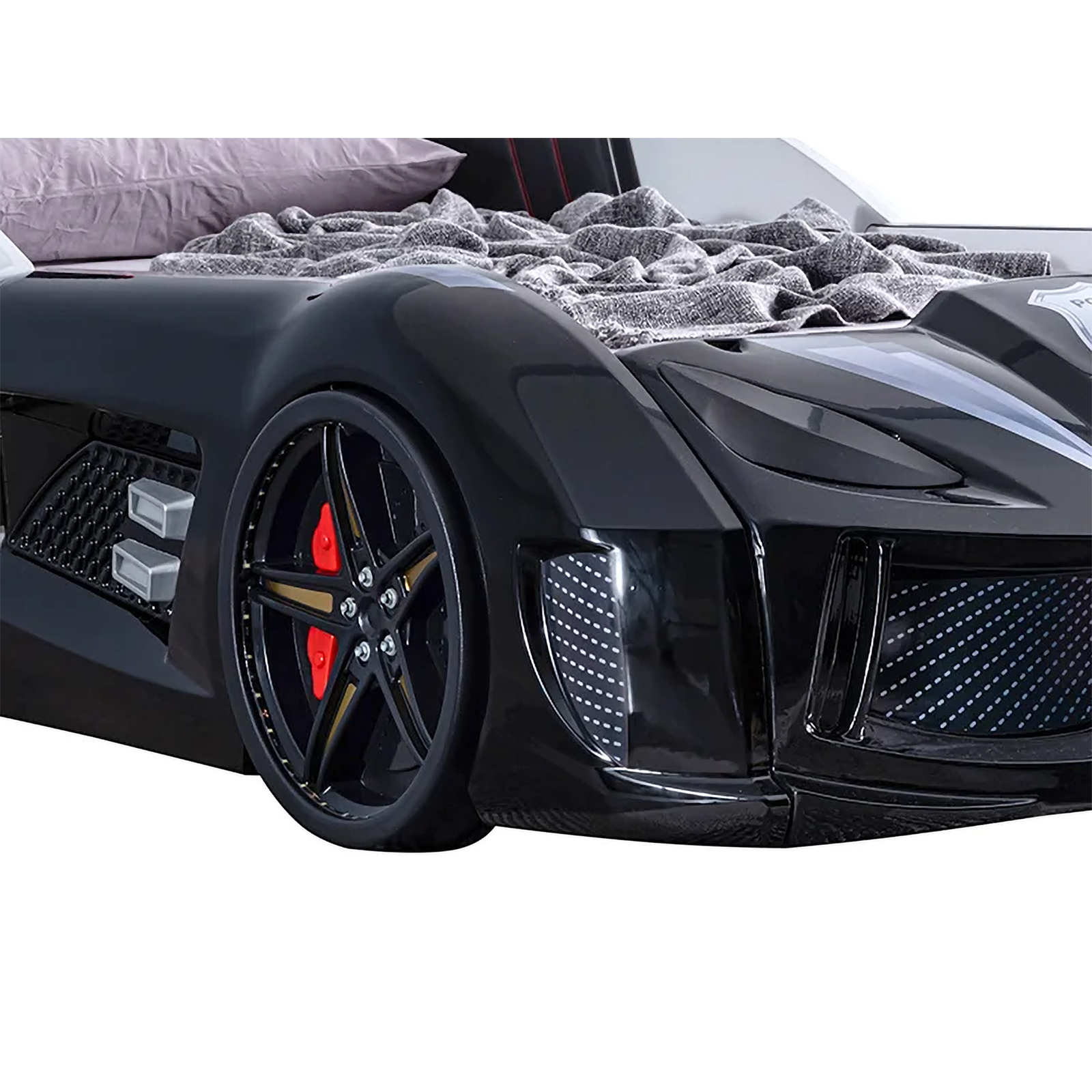 Paturi Copii Masini - Pat pentru copii masina POLICE, cu sunet, telecomanda si lumini led, negru, 90x190 cm + Noptiera SPORT, 45x57x34 cm