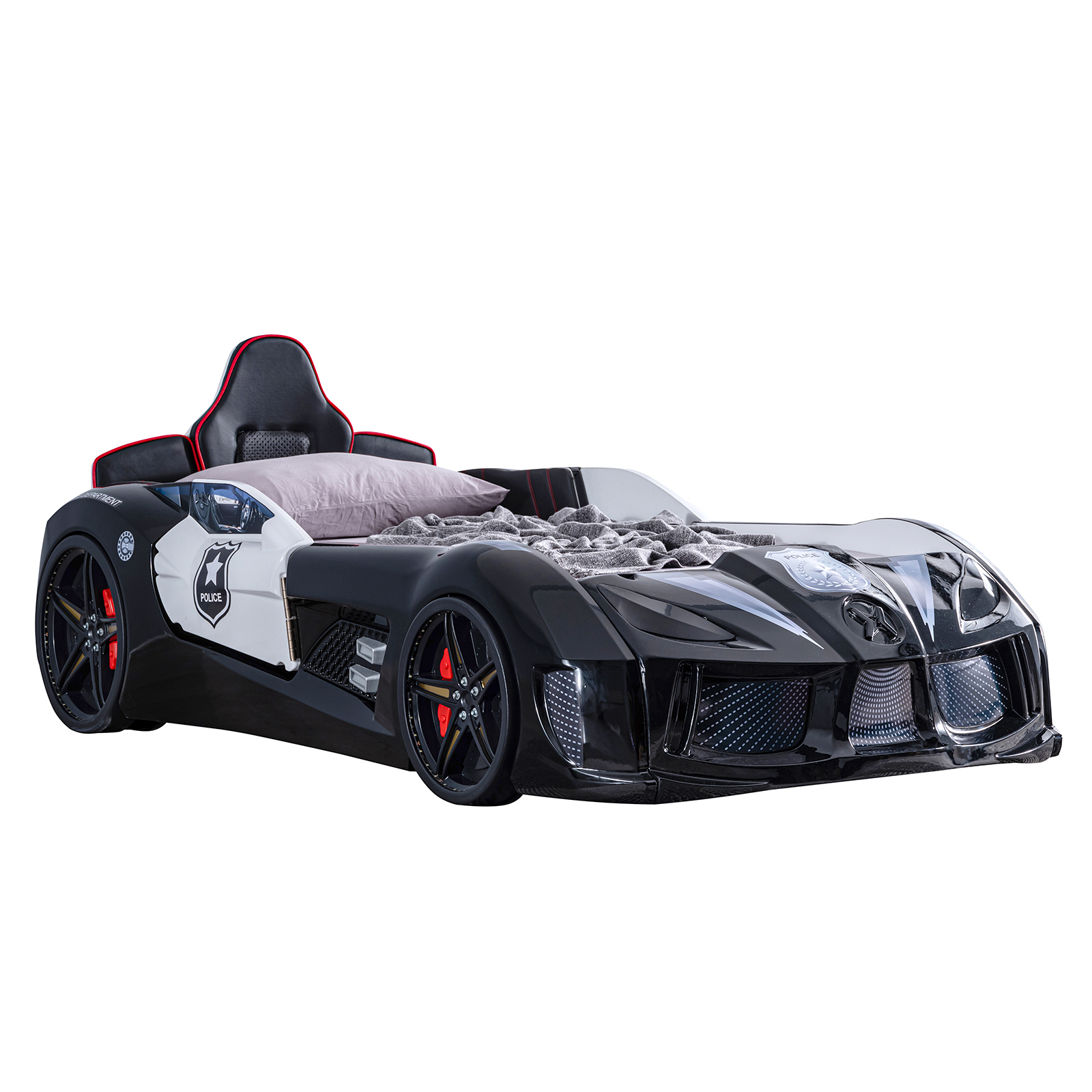 Paturi Copii Masini - Pat pentru copii masina POLICE, cu sunet, telecomanda si lumini led, negru, 90x190 cm + Noptiera SPORT, 45x57x34 cm