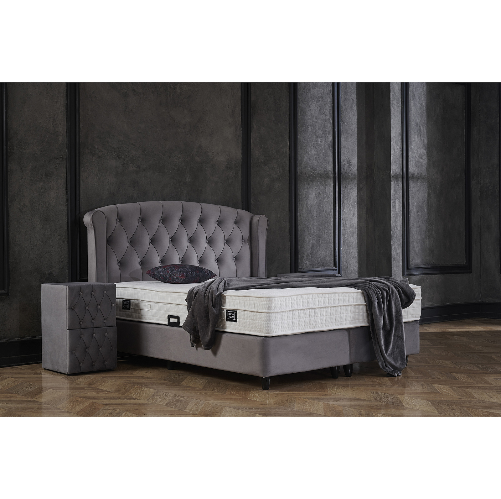 Paturi cu Saltele - Pat tapitat ROSE 160x200 cm, cu saltea inclusa, somiera rabatabila si spatiu depozitare, stofa gri