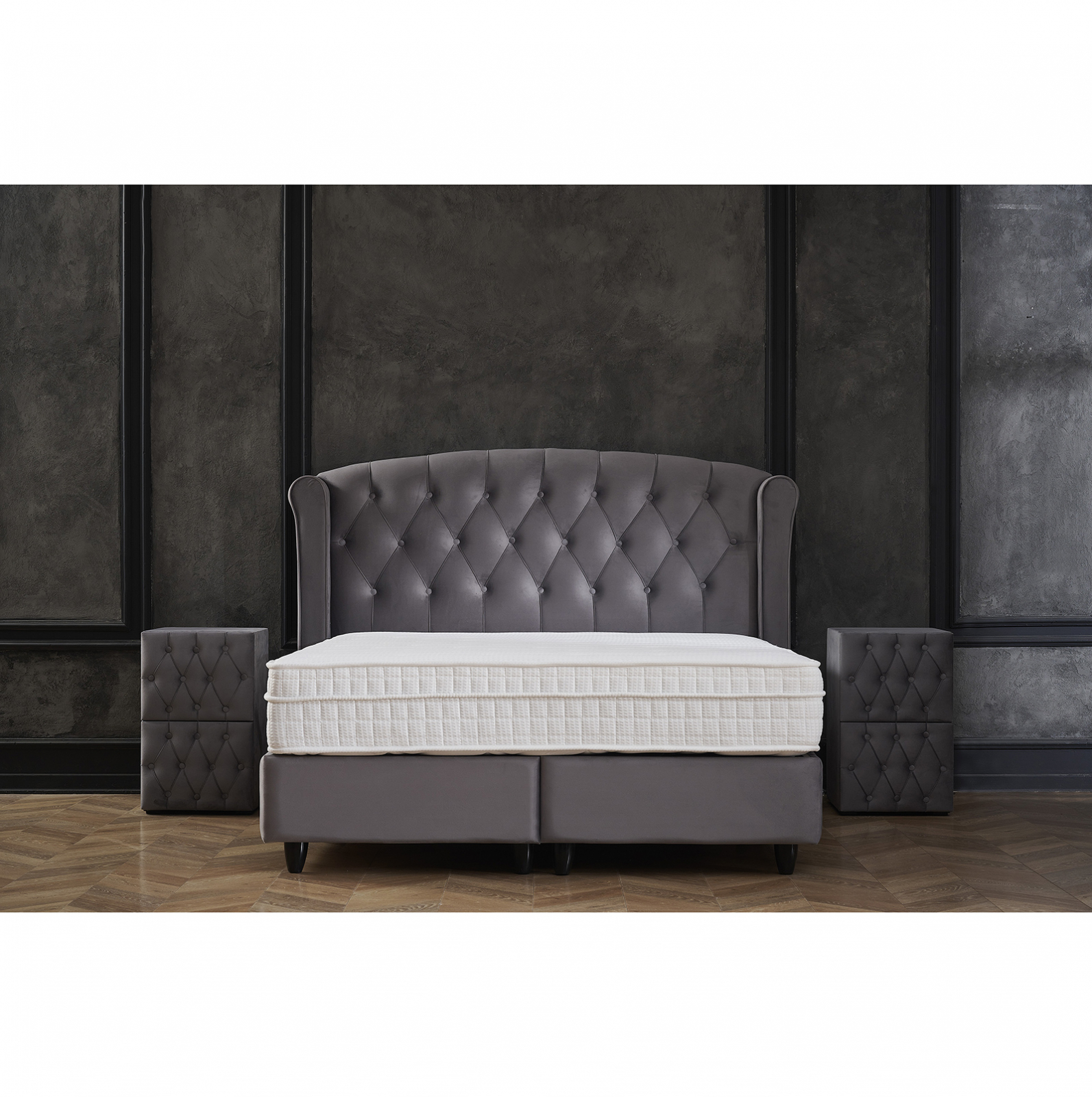 Paturi cu Saltele - Pat tapitat ROSE 160x200 cm, cu saltea inclusa, somiera rabatabila si spatiu depozitare, stofa gri