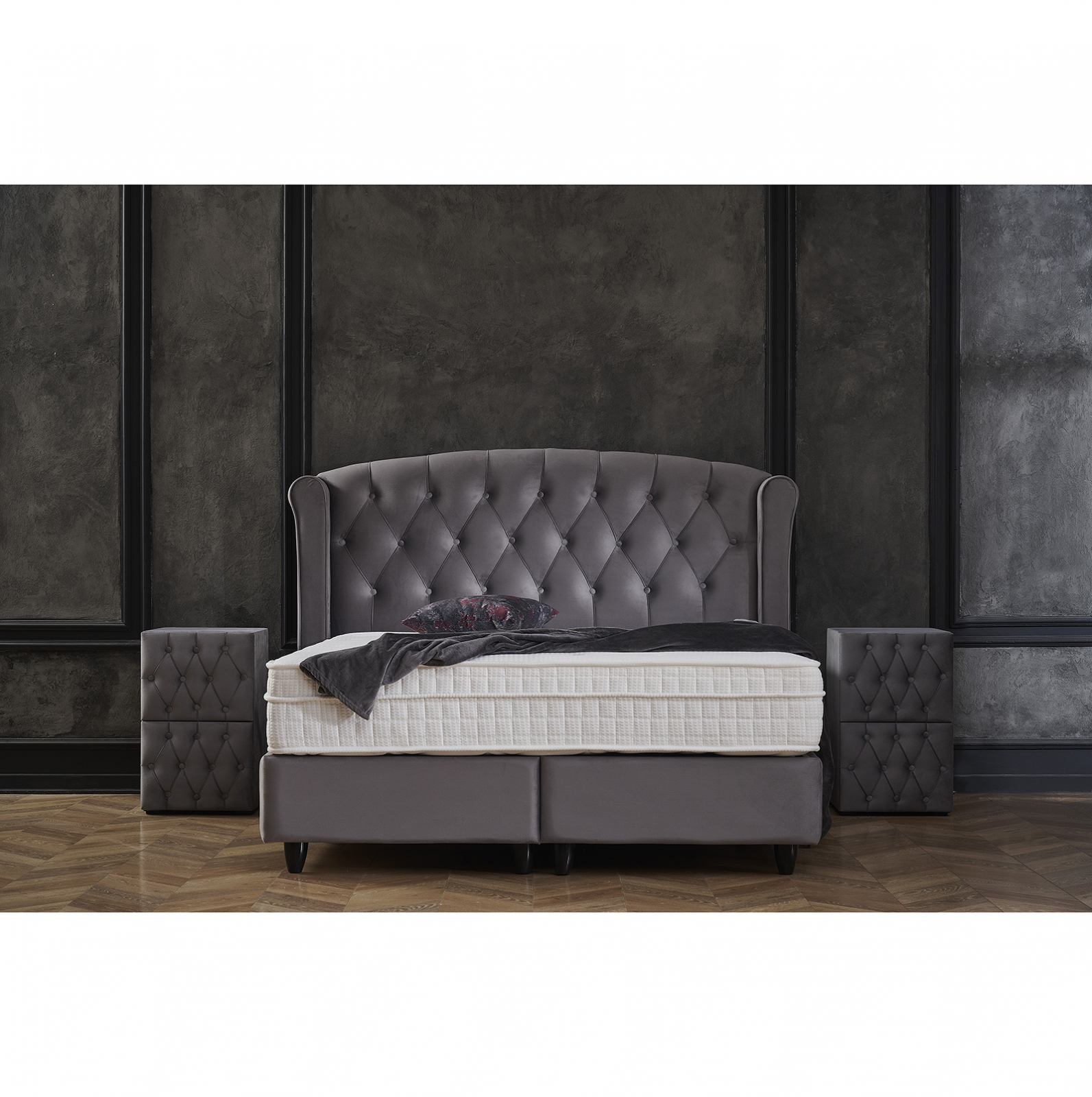 Paturi cu Saltele - Pat tapitat ROSE 160x200 cm, cu saltea inclusa, somiera rabatabila si spatiu depozitare, stofa gri