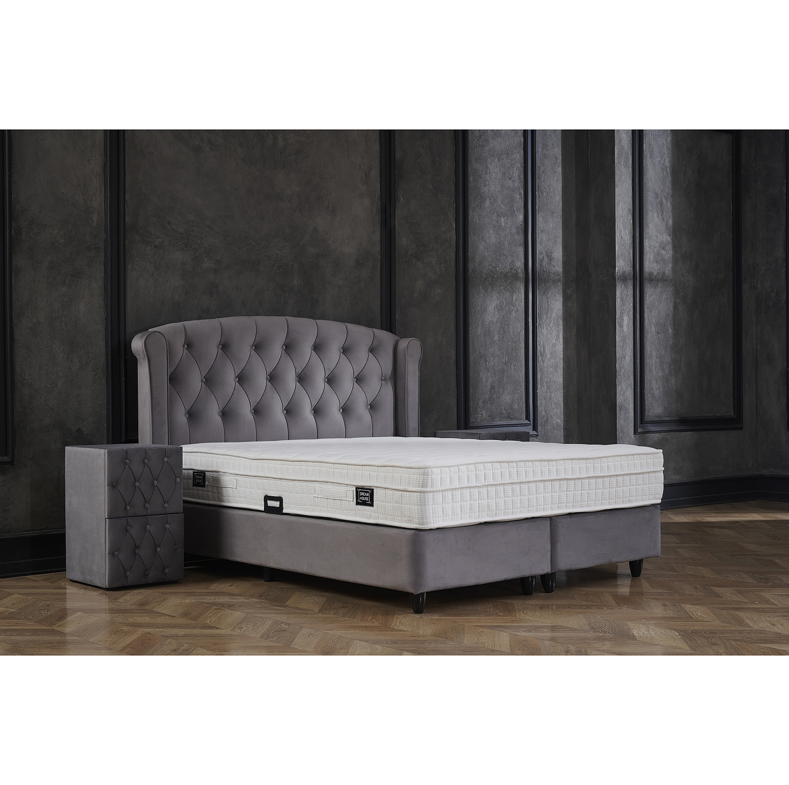 Paturi cu Saltele - Pat tapitat ROSE 160x200 cm, cu saltea inclusa, somiera rabatabila si spatiu depozitare, stofa gri