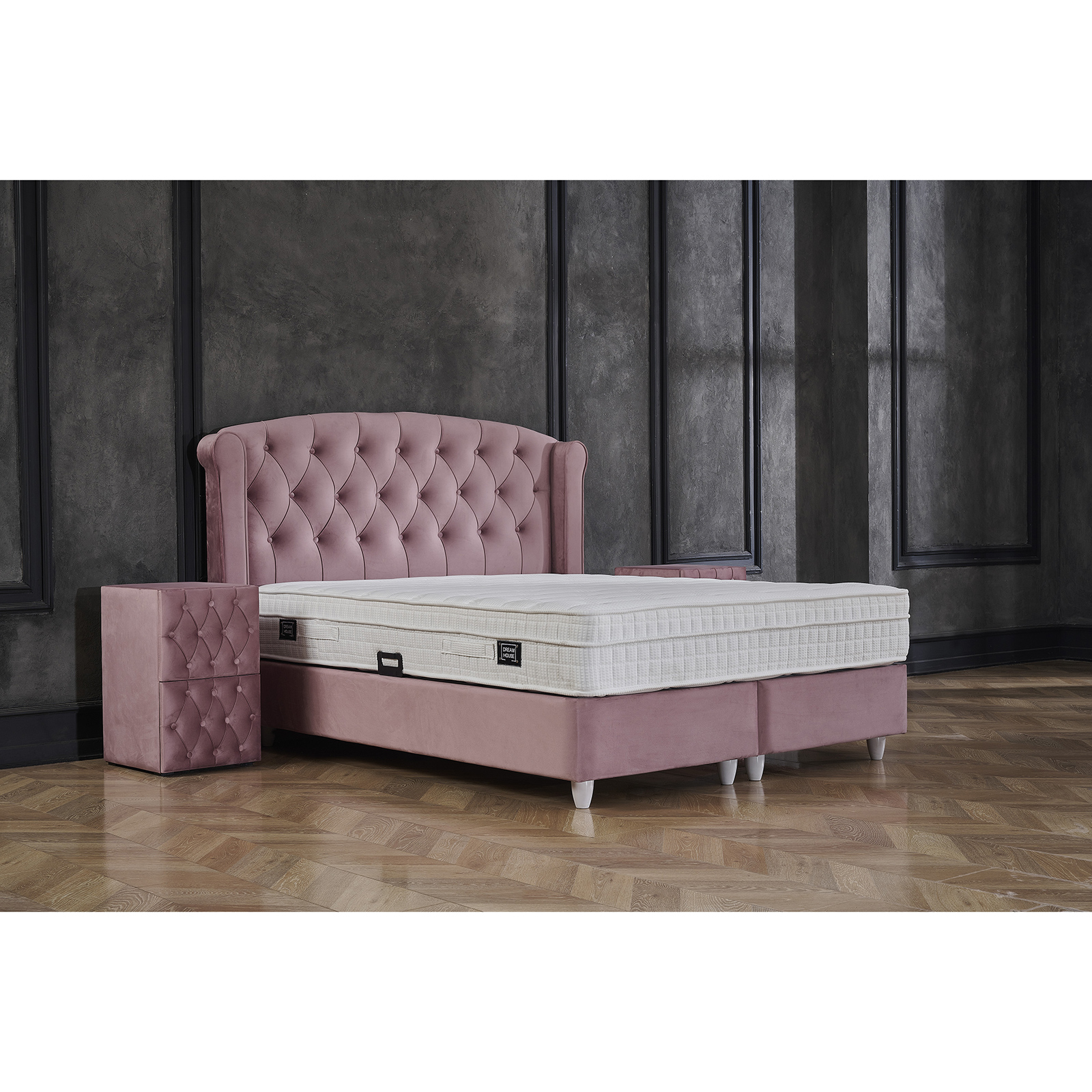 Paturi cu Saltele - Pat tapitat ROSE 160x200 cm, cu saltea, somiera rabatabila si spatiu depozitare, stofa roz