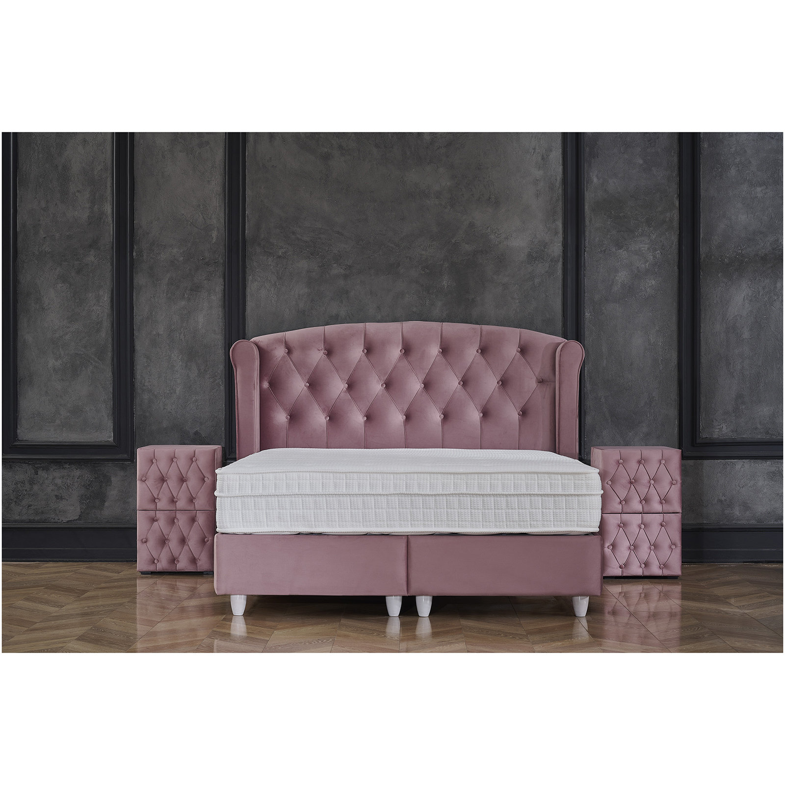 Paturi cu Saltele - Pat tapitat ROSE 160x200 cm, cu saltea, somiera rabatabila si spatiu depozitare, stofa roz