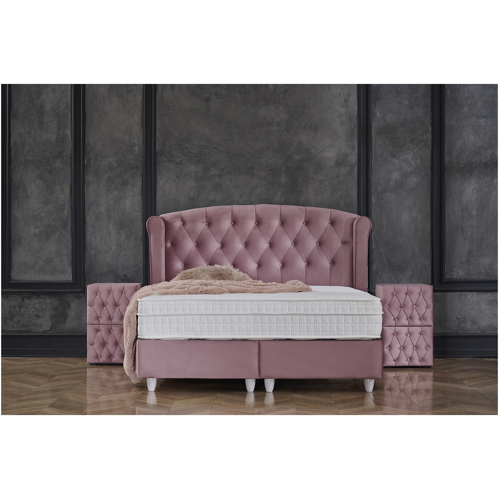 Paturi cu Saltele - Pat tapitat ROSE 160x200 cm, cu saltea, somiera rabatabila si spatiu depozitare, stofa roz