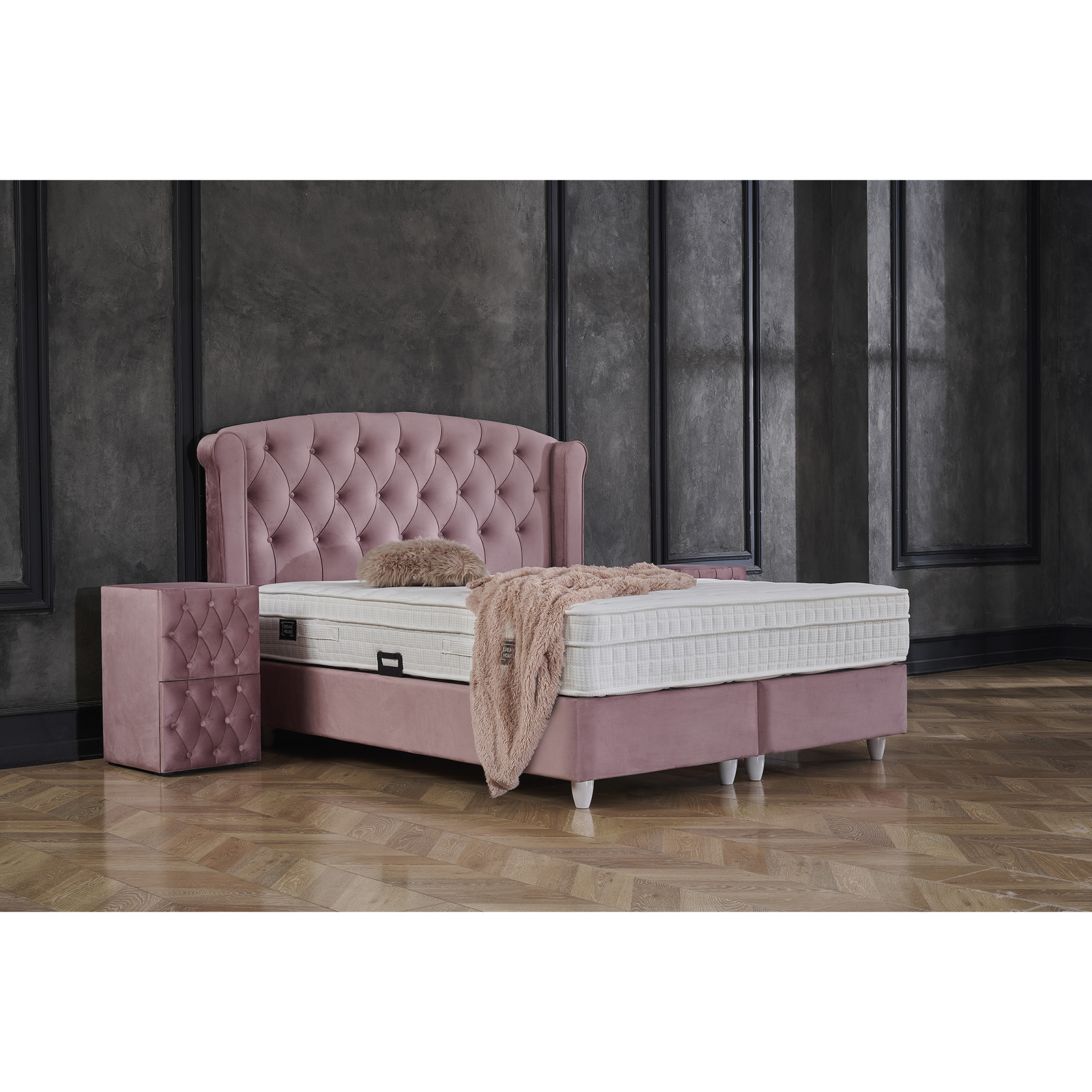 Paturi cu Saltele - Pat tapitat ROSE 160x200 cm, cu saltea, somiera rabatabila si spatiu depozitare, stofa roz