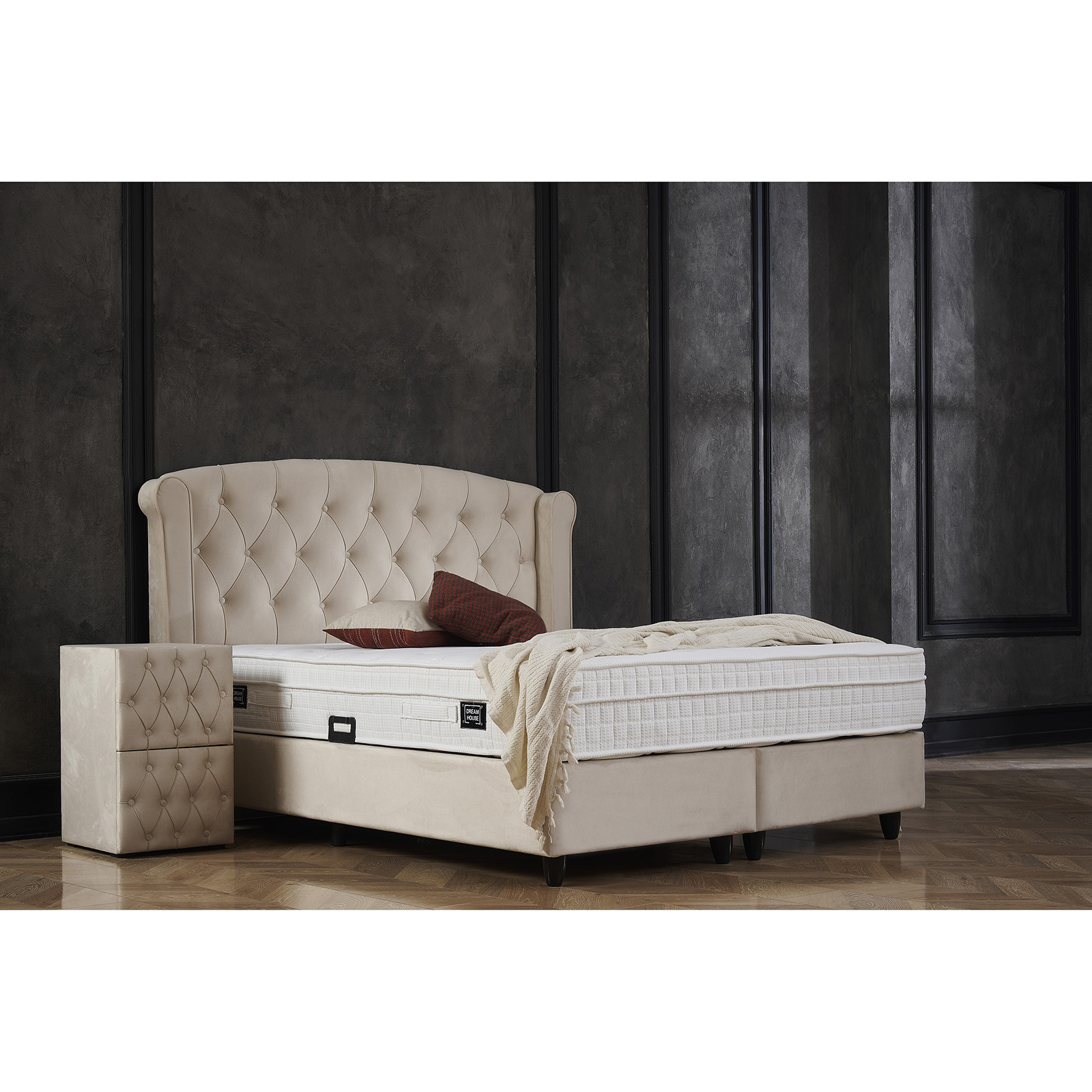 Paturi cu Saltele - Pat tapitat ROSE 160x200 cm, cu saltea, somiera rabatabila si spatiu depozitare, stofa bej