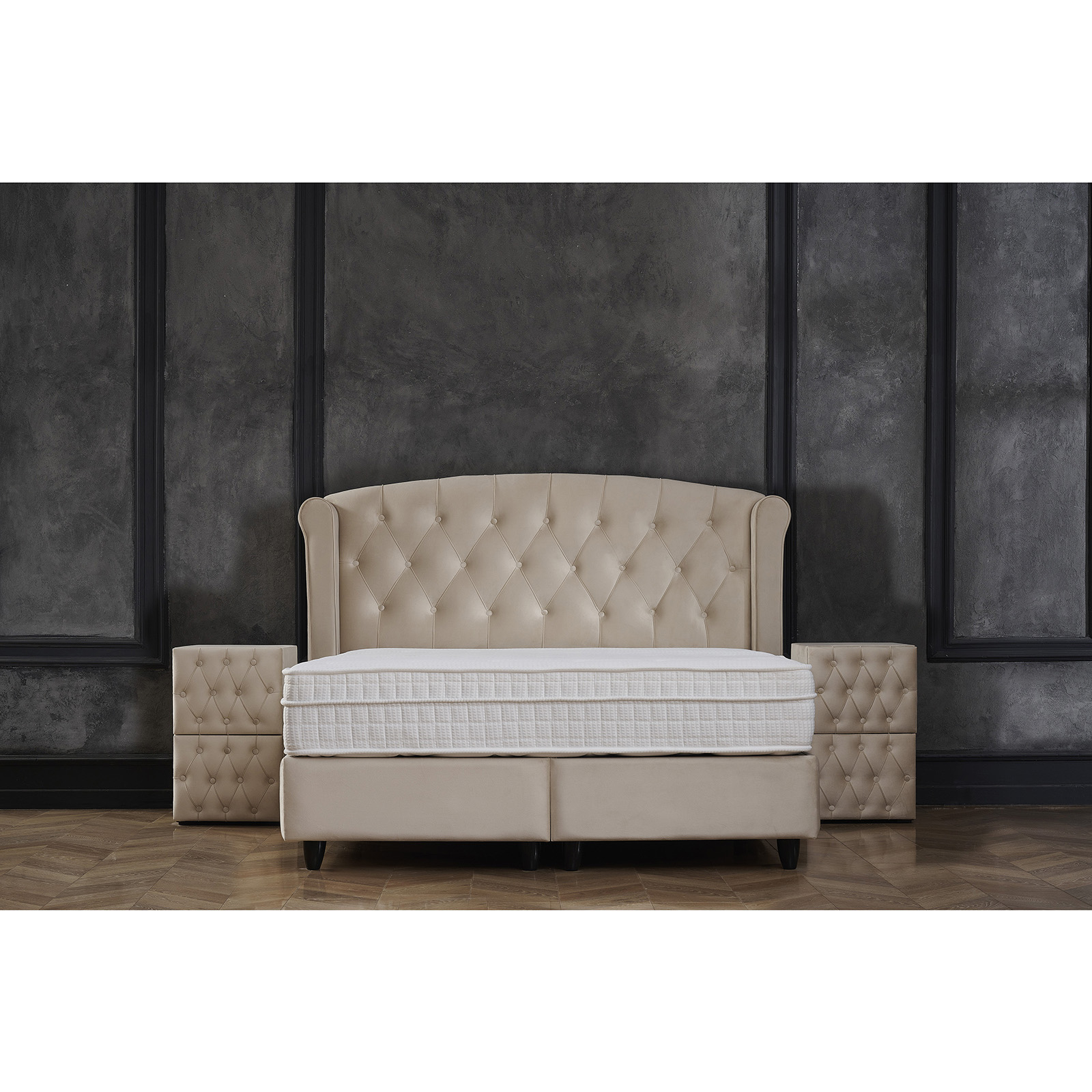 Paturi cu Saltele - Pat tapitat ROSE 160x200 cm, cu saltea, somiera rabatabila si spatiu depozitare, stofa bej