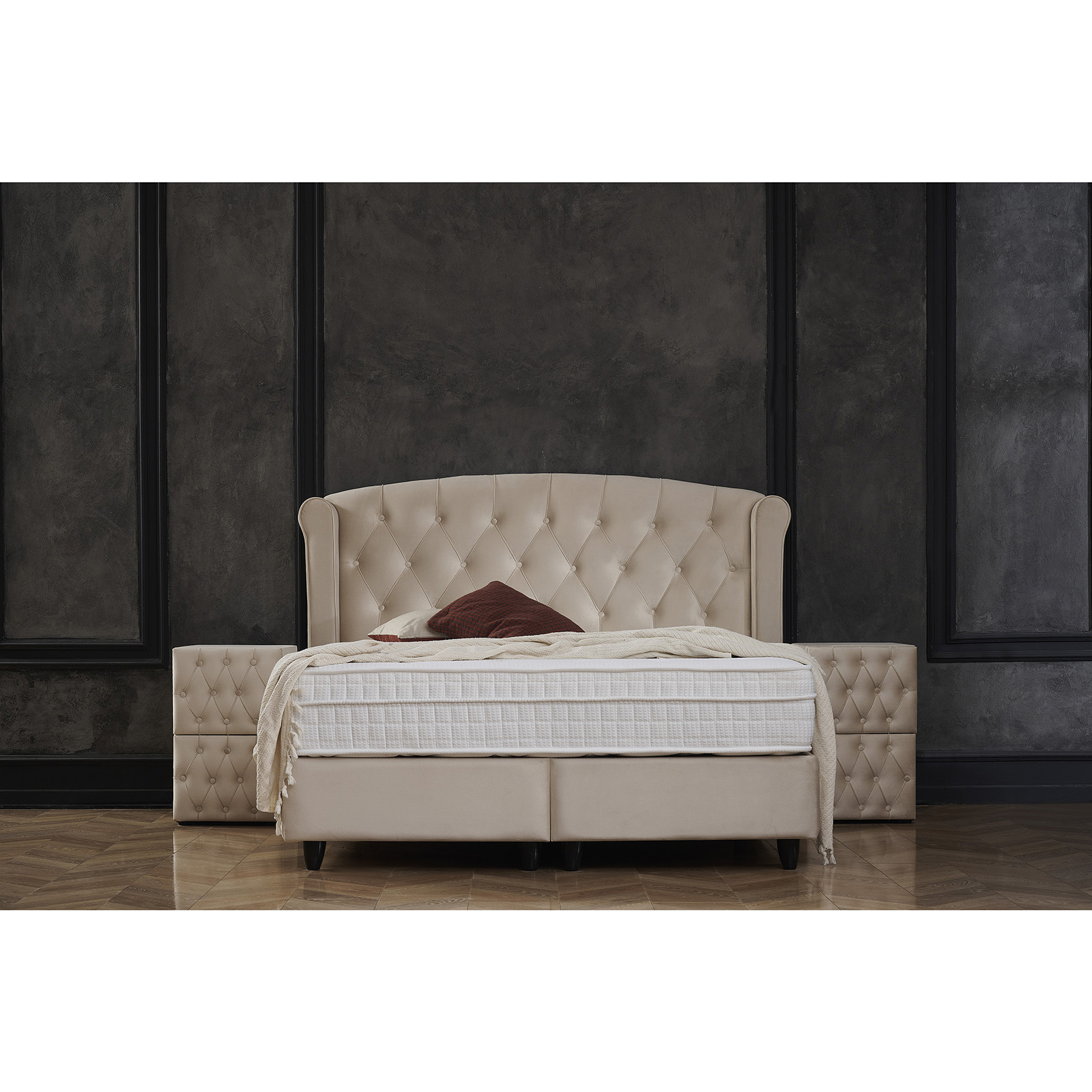 Paturi cu Saltele - Pat tapitat ROSE 160x200 cm, cu saltea, somiera rabatabila si spatiu depozitare, stofa bej