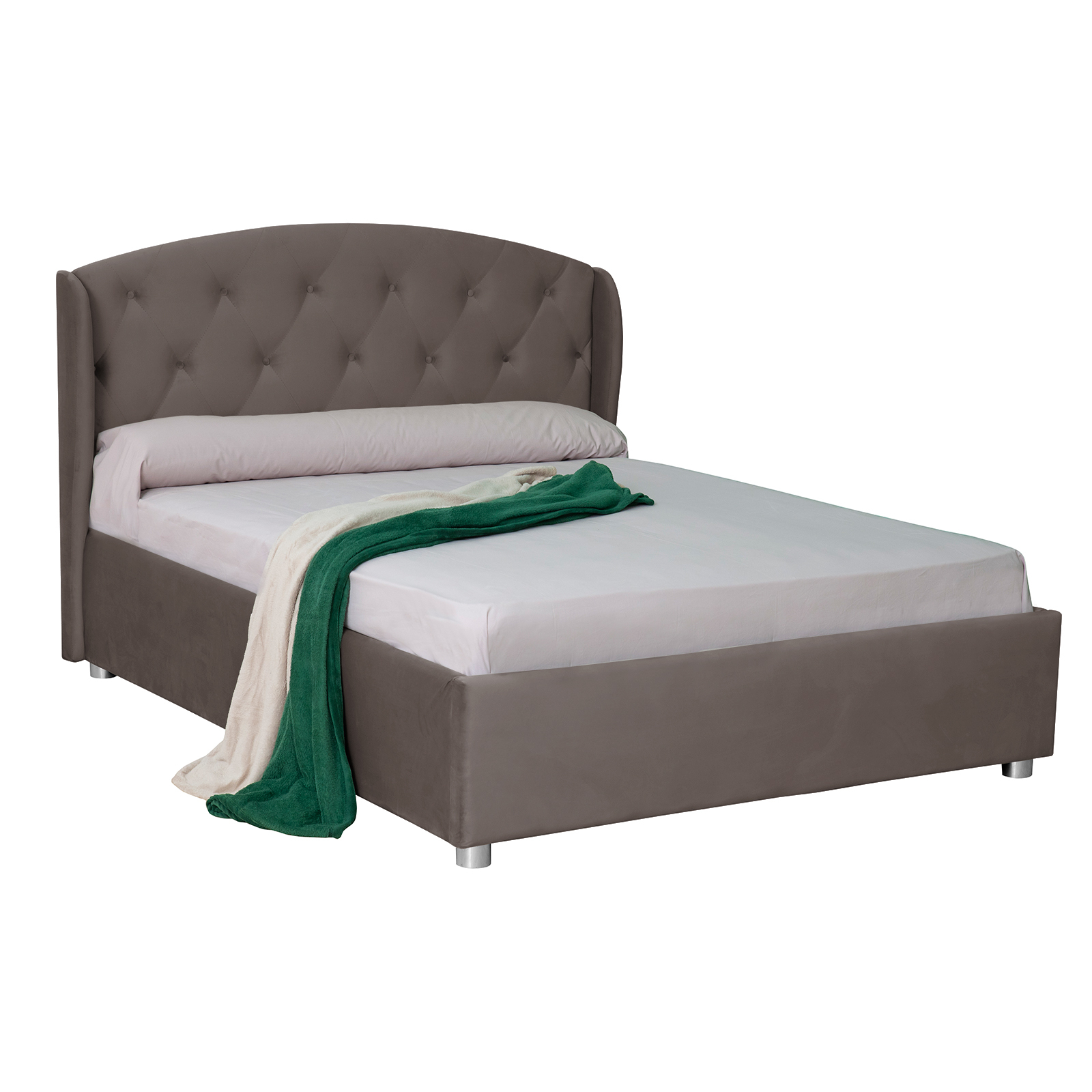 Paturi Tapițate - Pat tapitat ROUND, cu somiera rabatabila, spatiu depozitare, maro, 180x200 cm