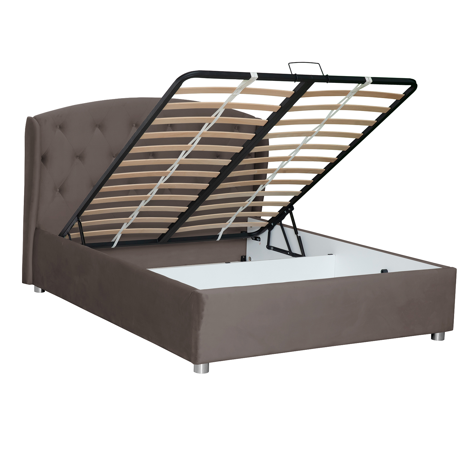 Paturi Tapițate - Pat tapitat ROUND, cu somiera rabatabila, spatiu depozitare, maro, 180x200 cm