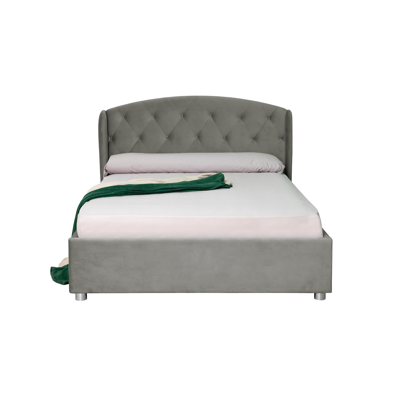 Paturi Tapițate - Pat tapitat ROUND, cu somiera rabatabila, spatiu depozitare, crem inchis, 160x200 cm