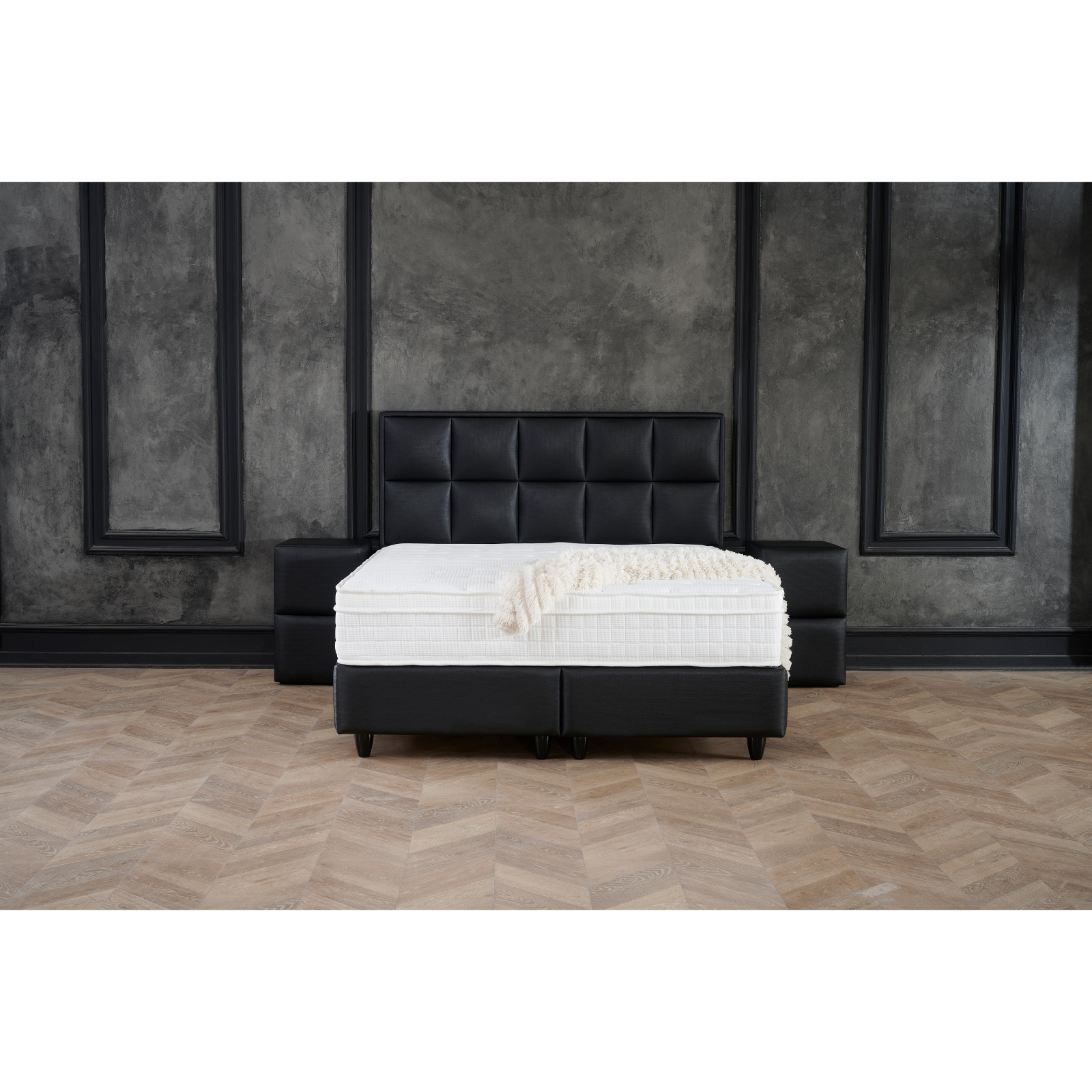 Paturi cu Saltele - Pat tapitat SIESTA 140x200 cm, cu saltea, somiera rabatabila si spatiu depozitare, piele ecologica negru