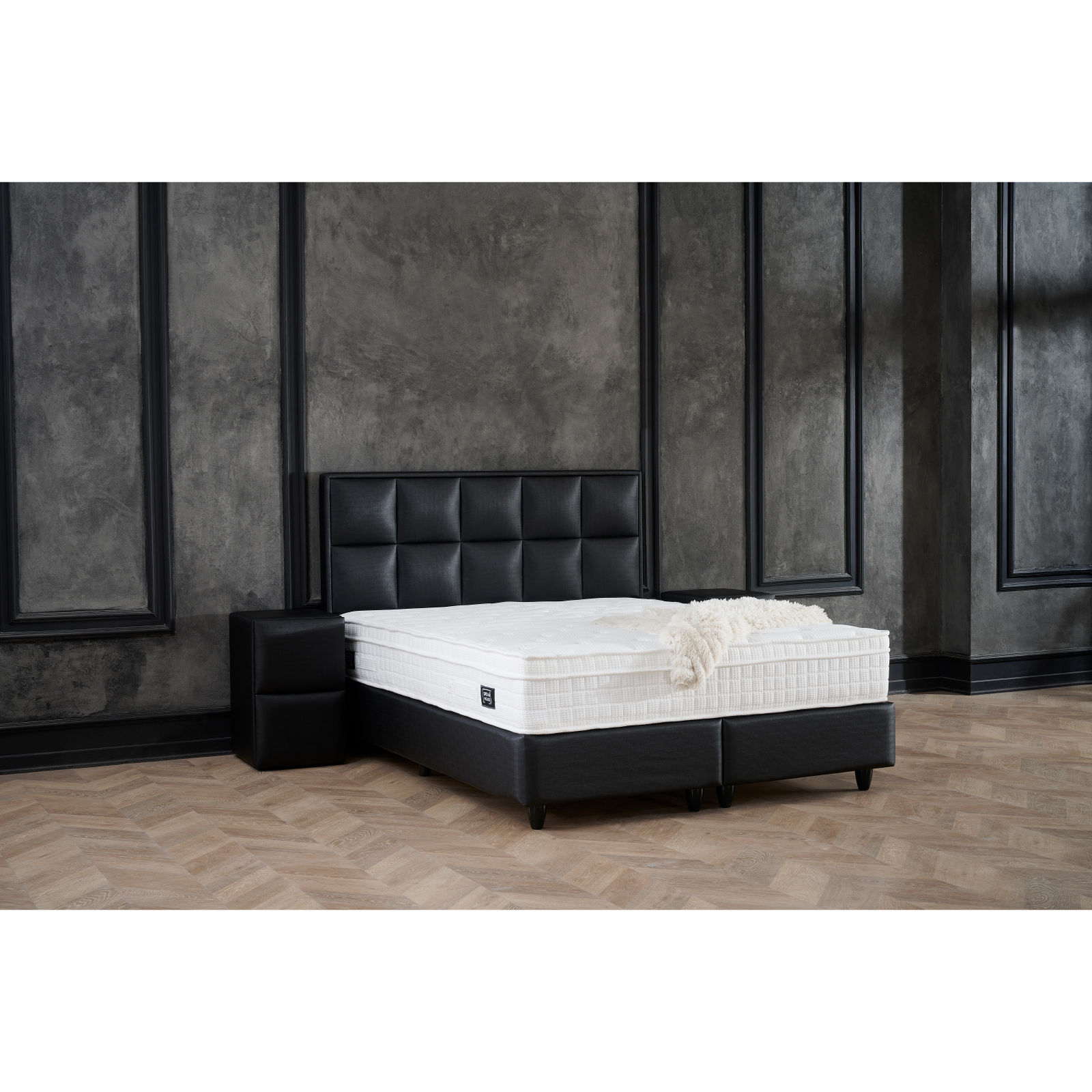 Paturi cu Saltele - Pat tapitat SIESTA 160x200 cm, cu saltea inclusa, somiera rabatabila si spatiu depozitare, piele ecologica negru