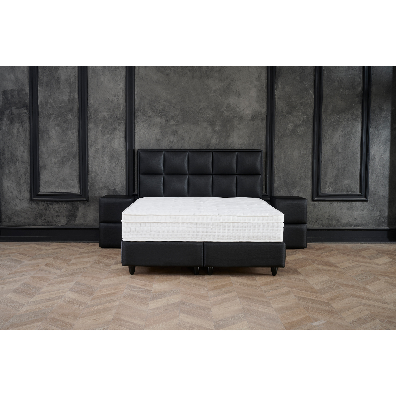 Paturi cu Saltele - Pat tapitat SIESTA 140x200 cm, cu saltea, somiera rabatabila si spatiu depozitare, piele ecologica negru