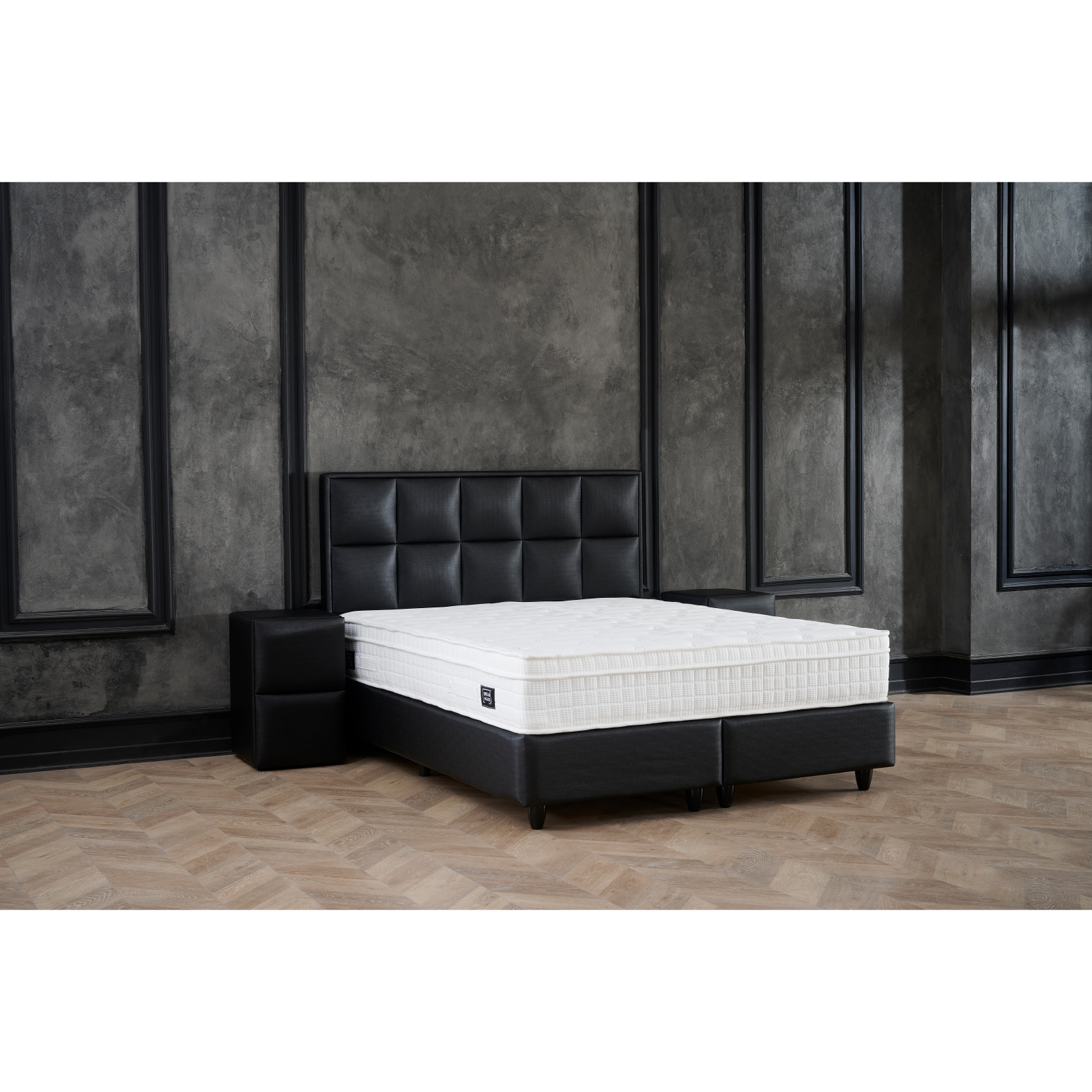 Paturi cu Saltele - Pat tapitat SIESTA 140x200 cm, cu saltea, somiera rabatabila si spatiu depozitare, piele ecologica negru