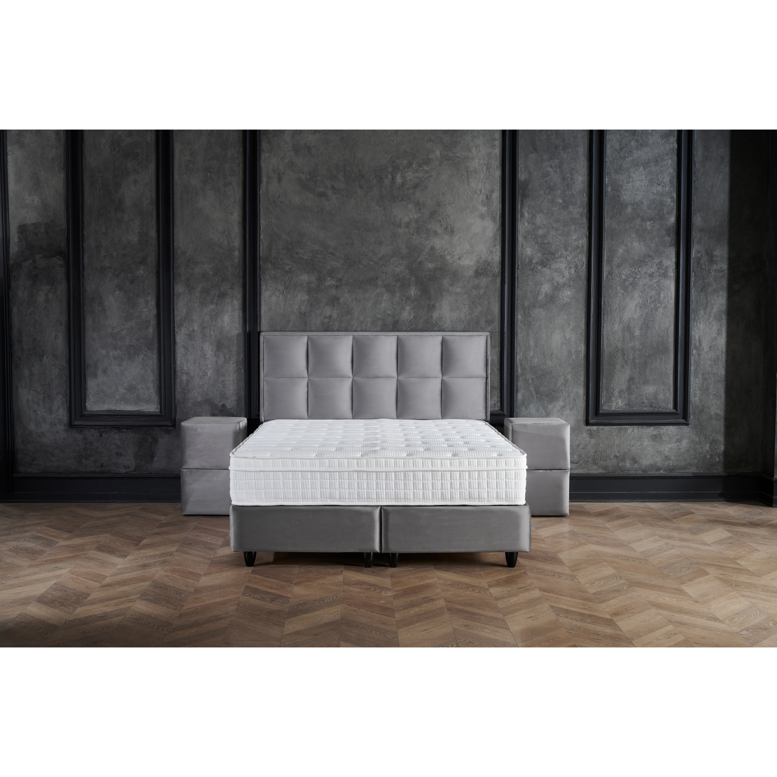 Paturi cu Saltele - Pat tapitat SIESTA 160x200 cm, cu saltea inclusa, somiera rabatabila si spatiu depozitare, stofa gri