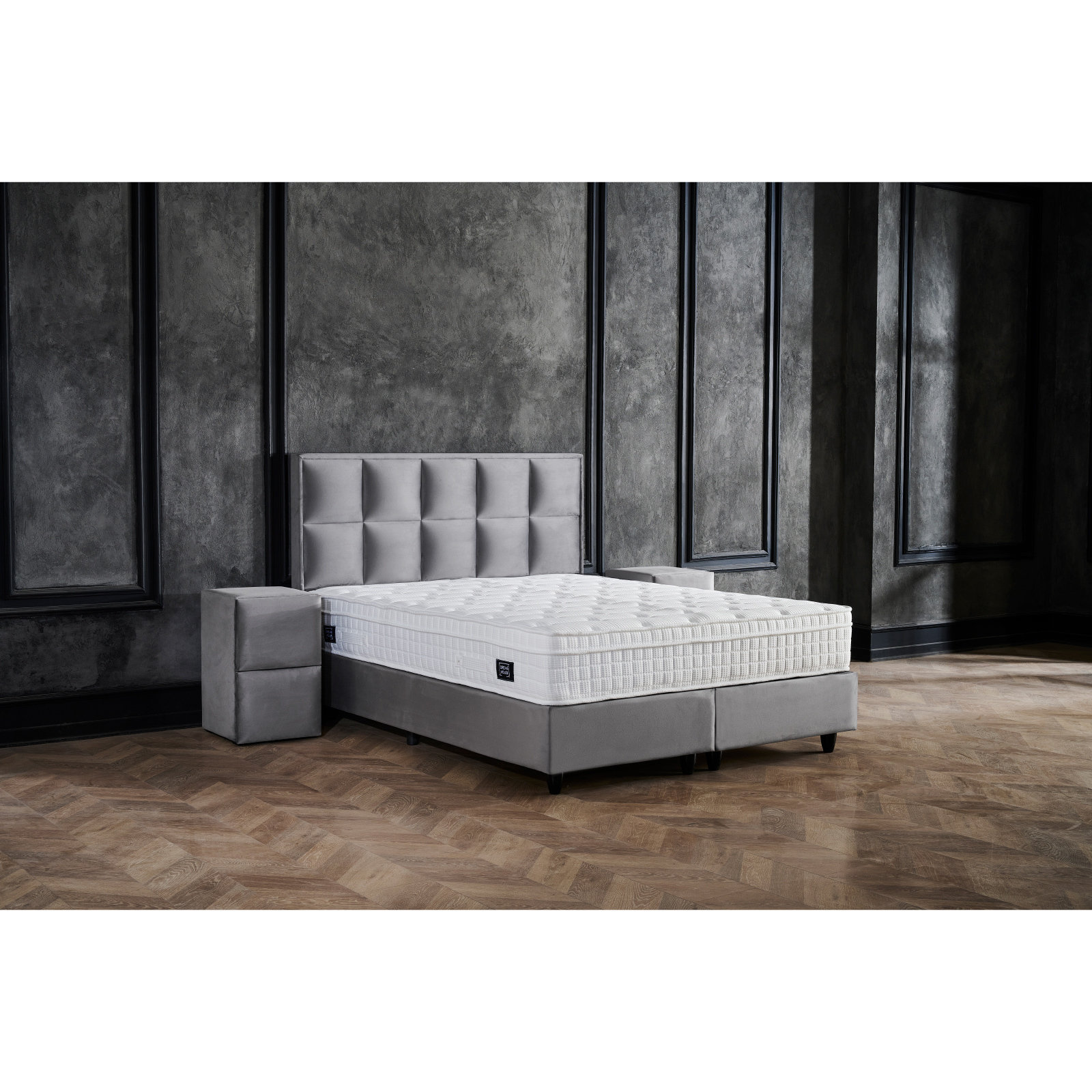 Paturi cu Saltele - Pat tapitat SIESTA 160x200 cm, cu saltea inclusa, somiera rabatabila si spatiu depozitare, stofa gri