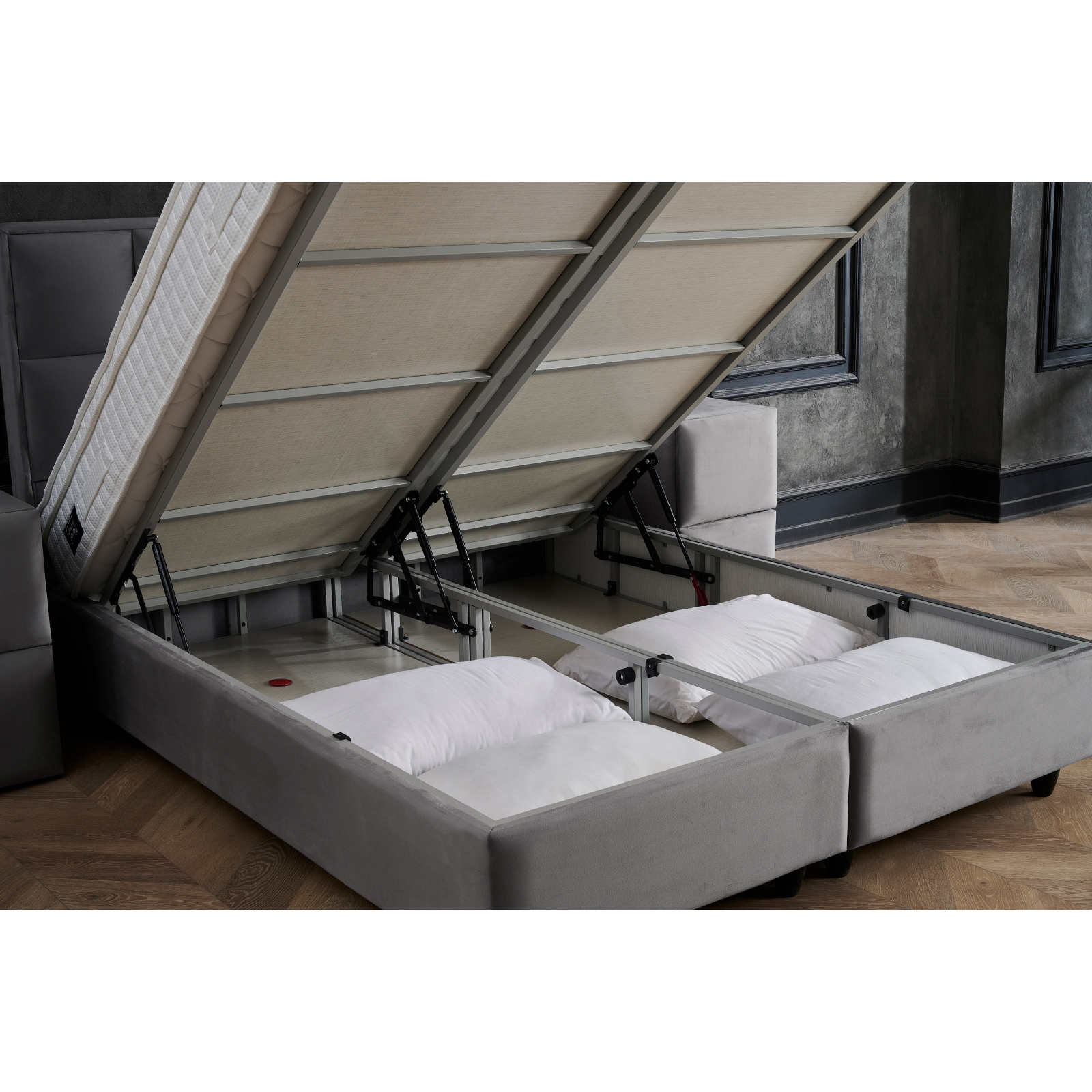 Paturi cu Saltele - Pat tapitat SIESTA 160x200 cm, cu saltea inclusa, somiera rabatabila si spatiu depozitare, stofa gri