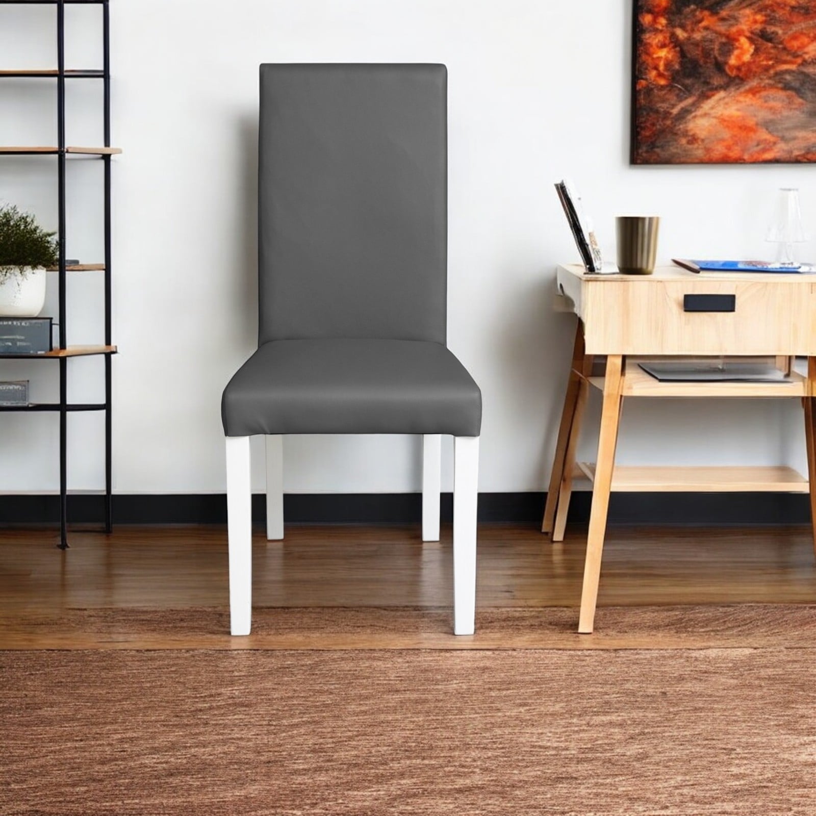 Scaune Bucatarie - Scaun living TEO, picioare lemn alb, piele ecologica gri, 46x60x98 cm