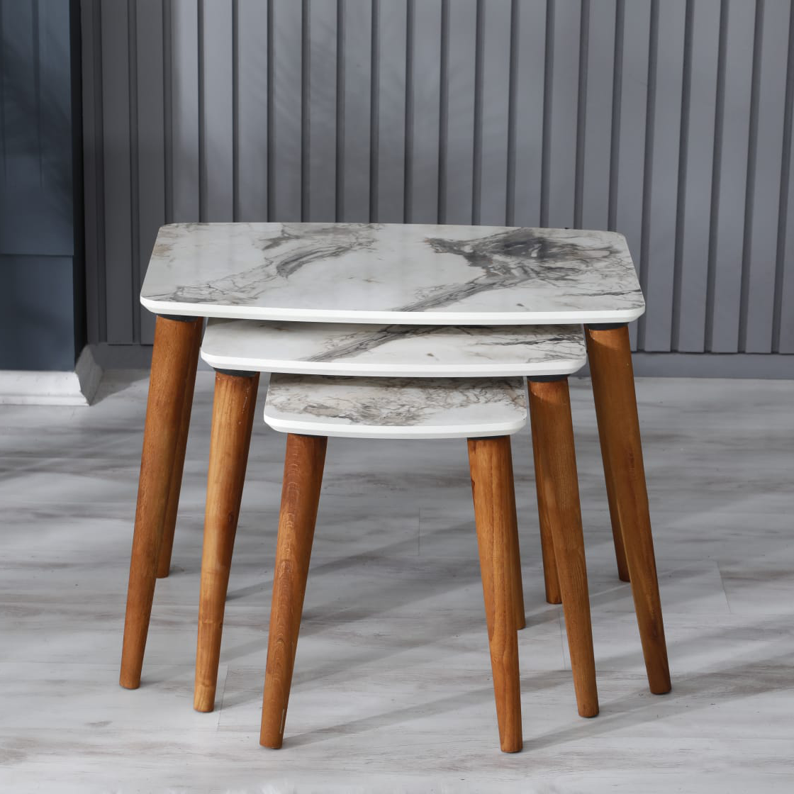 Masute Cafea - Set 3 masute auxiliare Miria, marmura alb, 60/45/30x40x40/45/50 cm