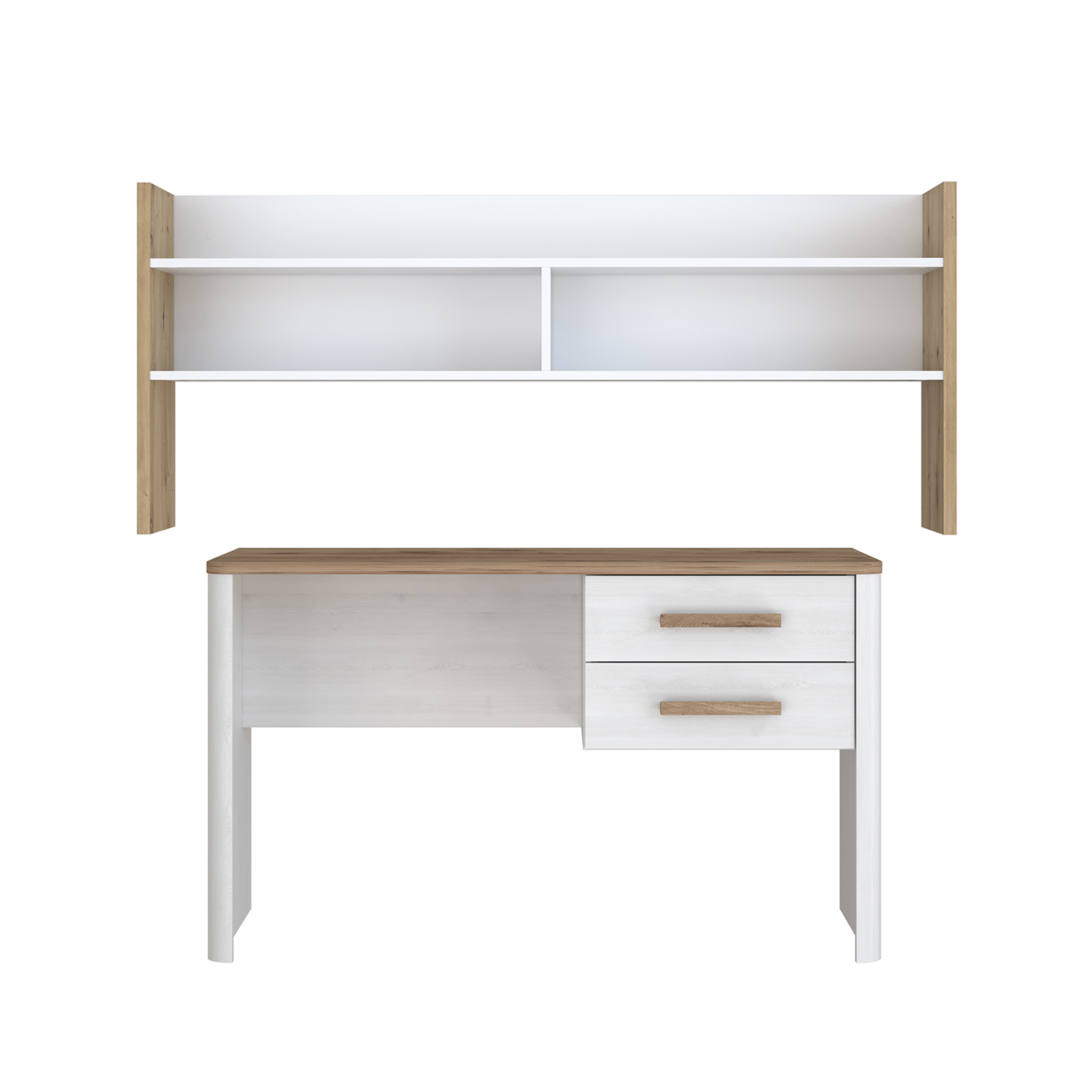 Back to School - Set Birou RAMIRO, cu 2 sertare 125x60x74 cm + etajera birou RAMIRO, cu spatii depozitare, 140x26x60 cm, alb + stejar Artisan