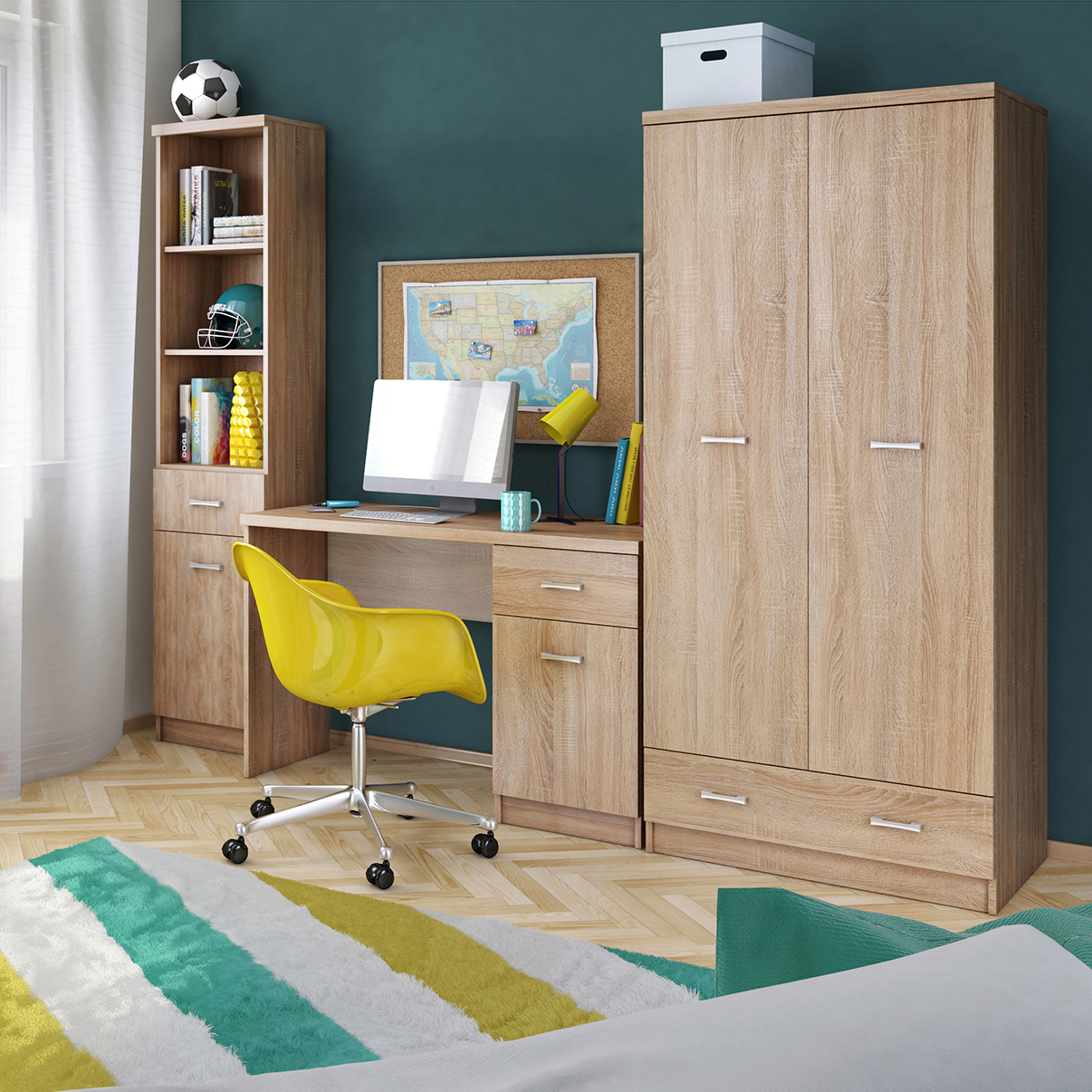 Camere de tineret - Set birou TOP MIX, 3 piese, dulap 2 usi, birou, biblioteca, stejar sonoma