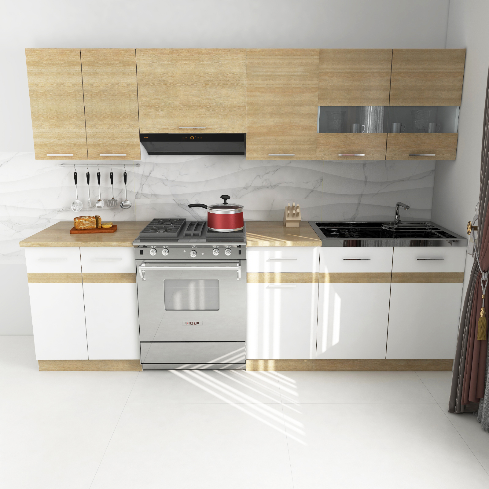 Bucătării - Set Bucatarie YANA, L 240, 7 corpuri, blat termorezistent, corp alb, fronturi alb + sonoma