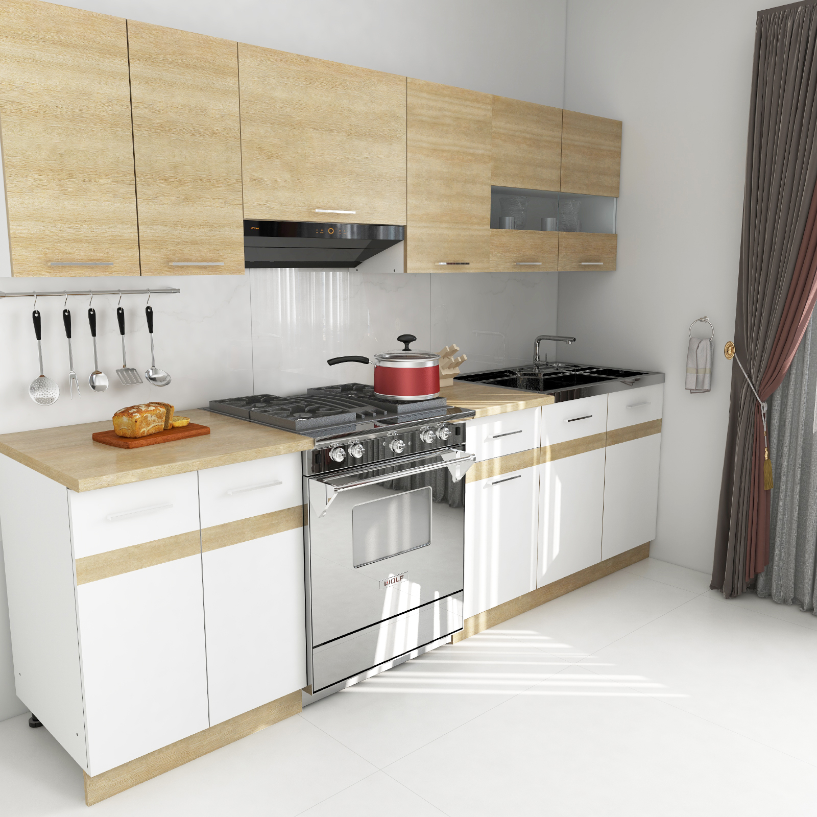 Bucătării - Set Bucatarie YANA, L 240, 7 corpuri, blat termorezistent, corp alb, fronturi alb + sonoma