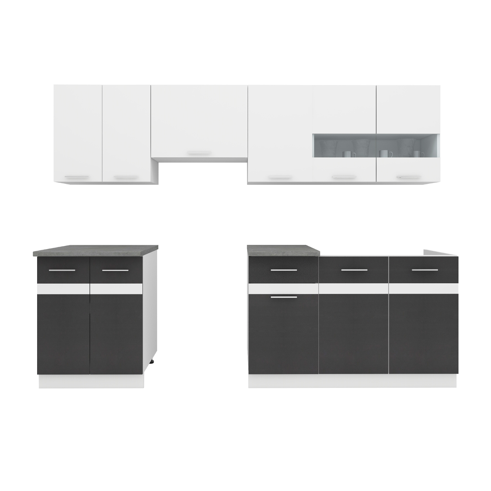 Bucătării - Set Bucatarie YANA, L 240, 7 corpuri, blat termorezistent, corp alb, fronturi gri + alb