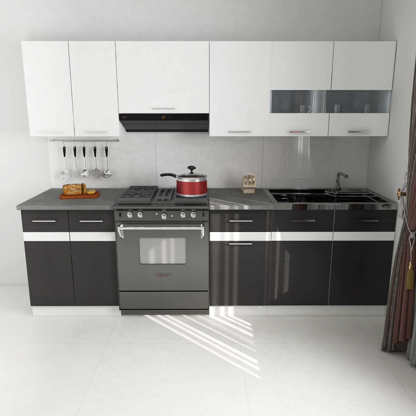 Bucătării - Set Bucatarie YANA, L 240, 7 corpuri, blat termorezistent, corp alb, fronturi gri + alb