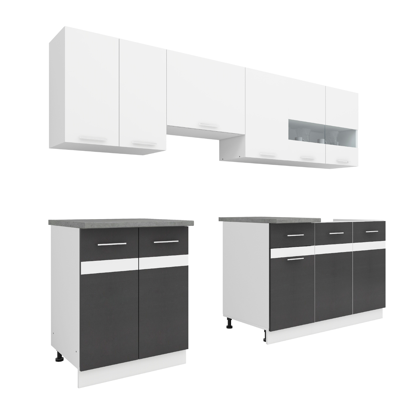 Bucătării - Set Bucatarie YANA, L 240, 7 corpuri, blat termorezistent, corp alb, fronturi gri + alb