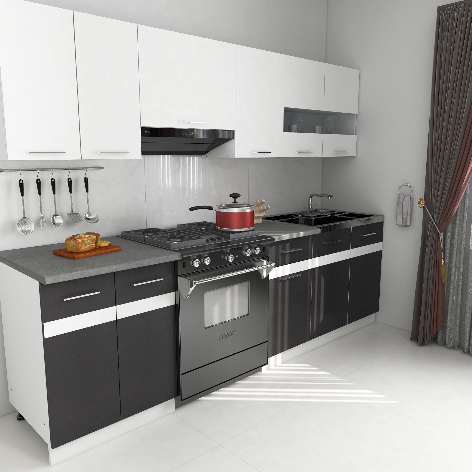 Bucătării - Set Bucatarie YANA, L 240, 7 corpuri, blat termorezistent, corp alb, fronturi gri + alb