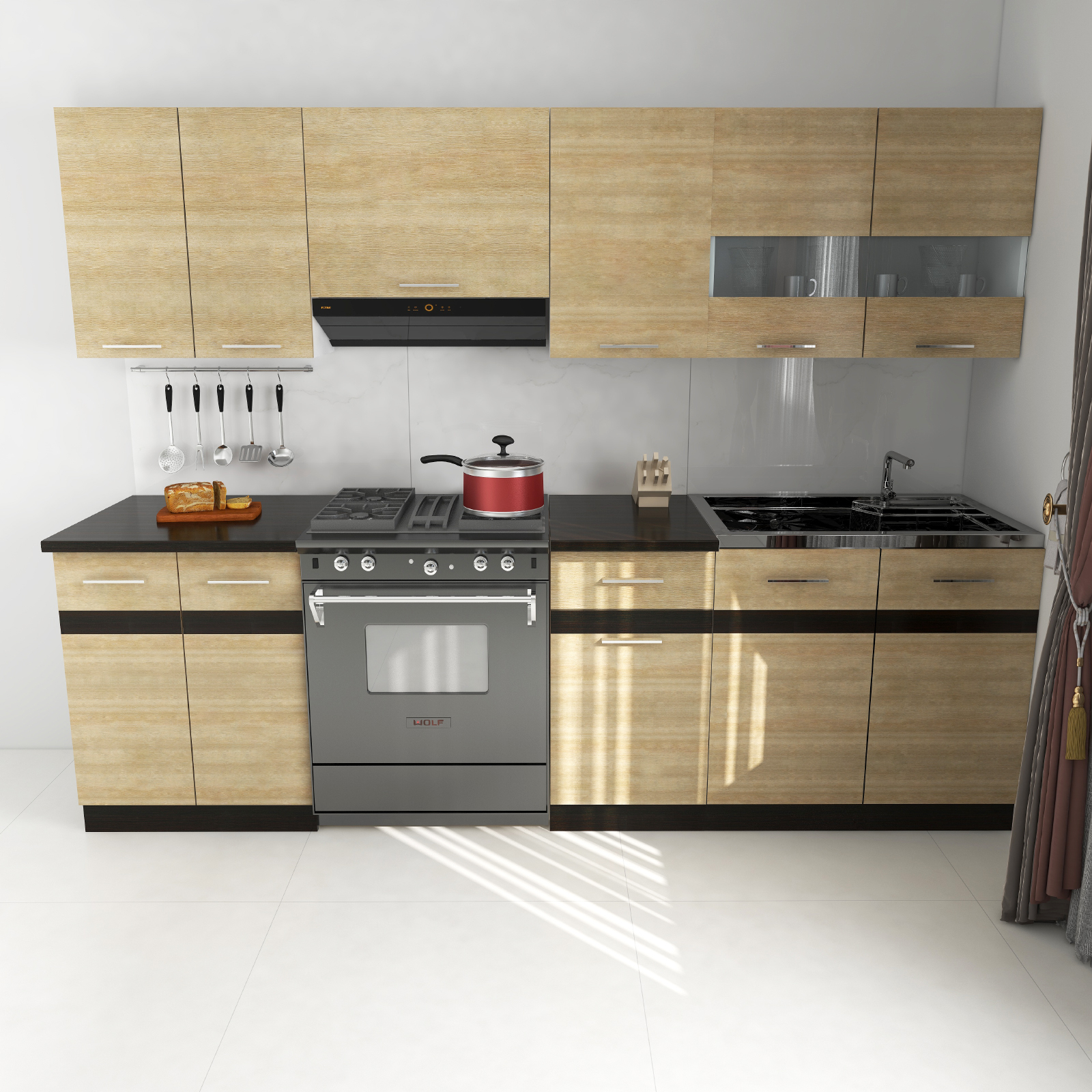 Bucătării - Set Bucatarie YANA, L 240, 7 corpuri, blat termorezistent, corp alb, fronturi sonoma deschis + inchis